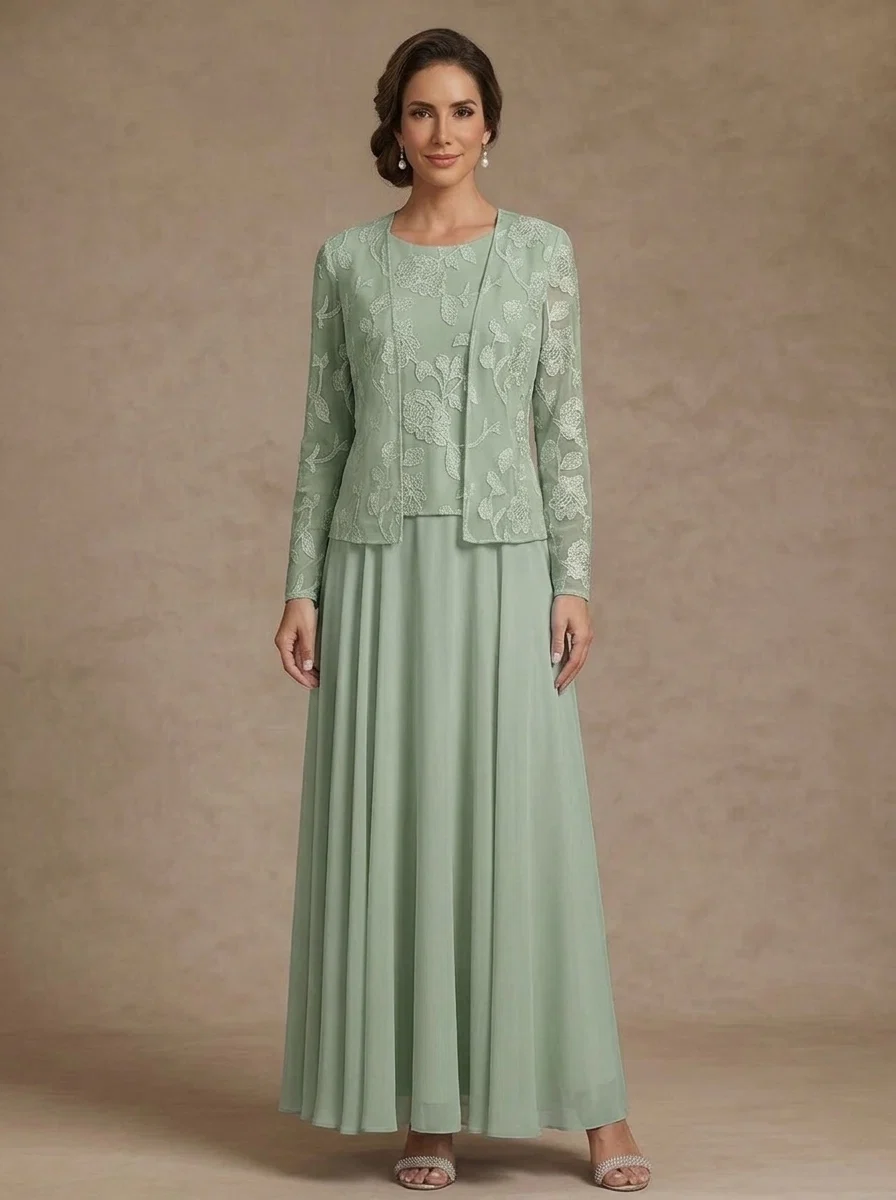 3 Pieces Suit A-Line/Princess Scoop Chiffon Mother of the Bride Dresses with Jacket Lace Floral Ankle-Length Long Sleeves