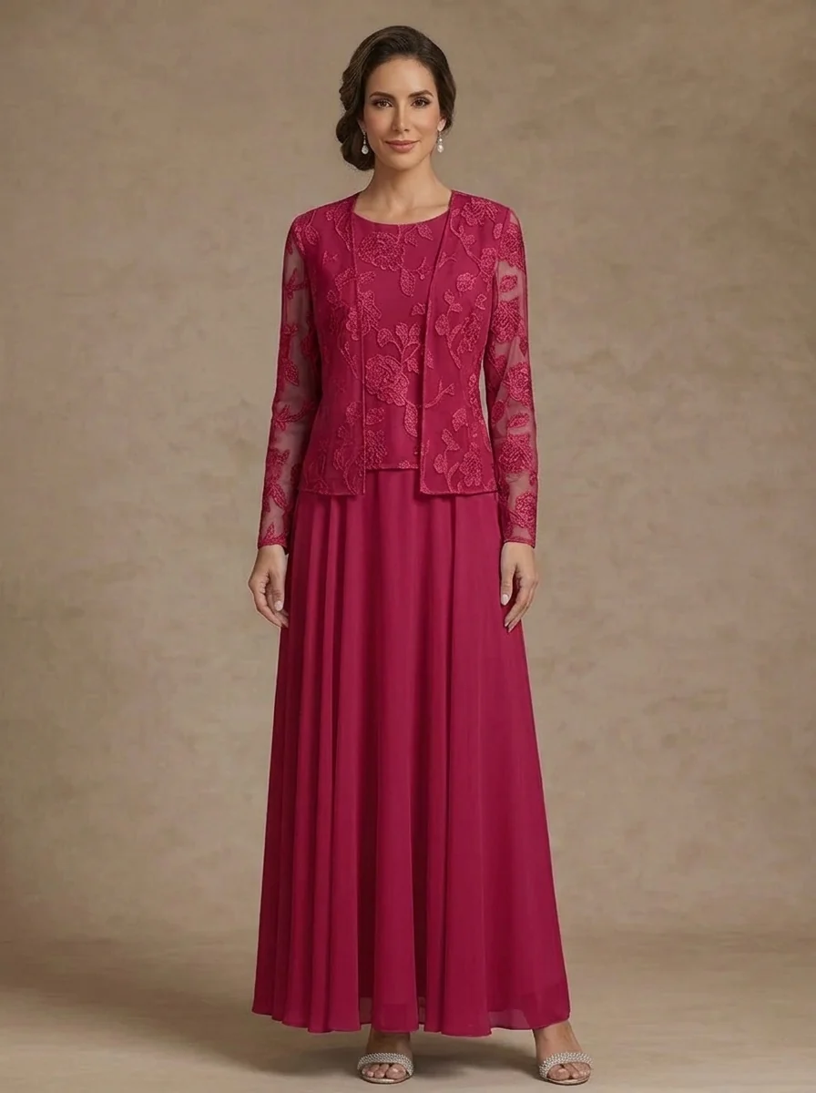 3 Pieces Suit A-Line/Princess Scoop Chiffon Mother of the Bride Dresses with Jacket Lace Floral Ankle-Length Long Sleeves