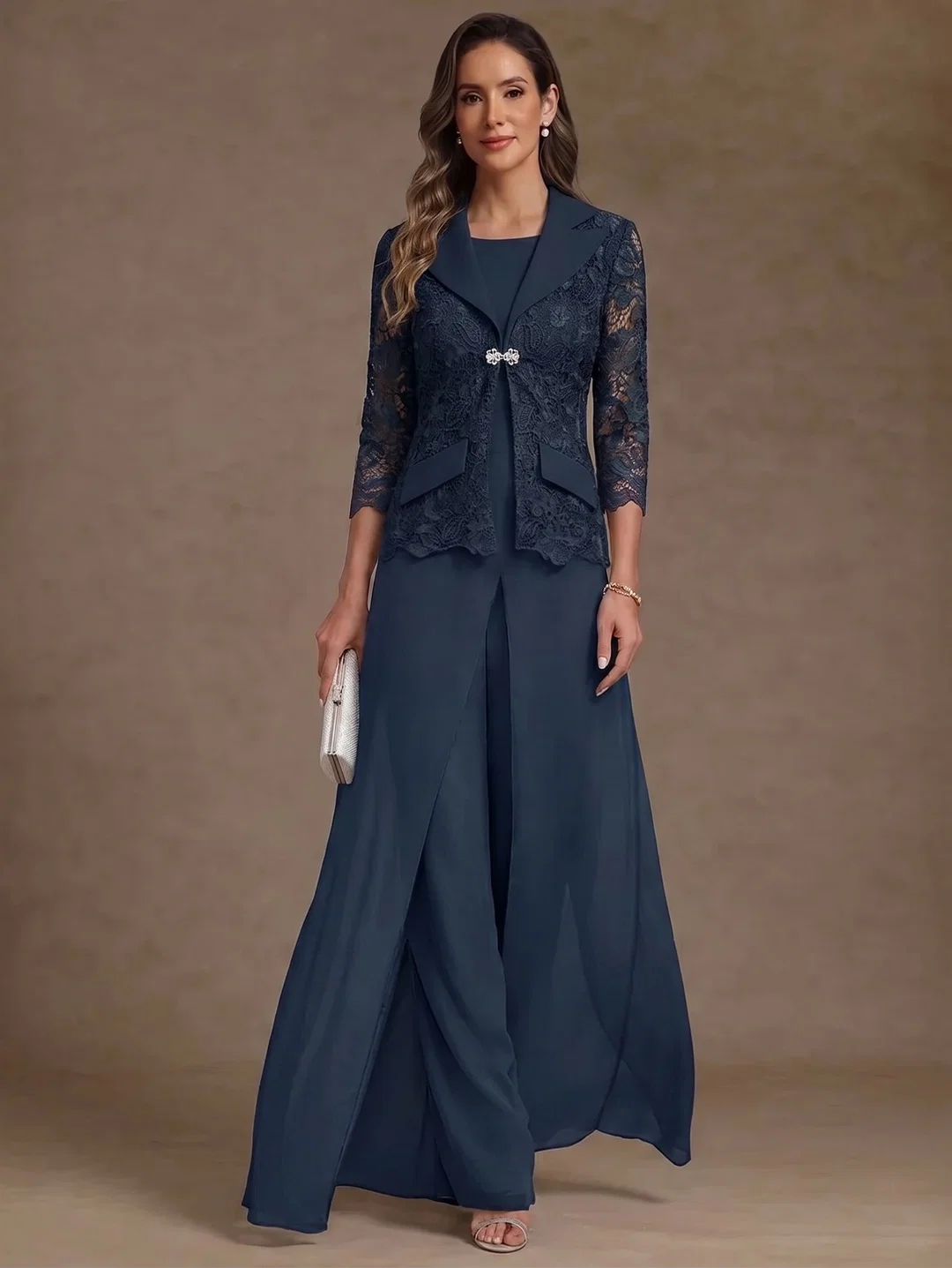 3 Pieces Suit Scoop Chiffon Mother of the Bride Pantsuits with Jacket Overskirt Lace Ankle-Length 3/4 Sleeves