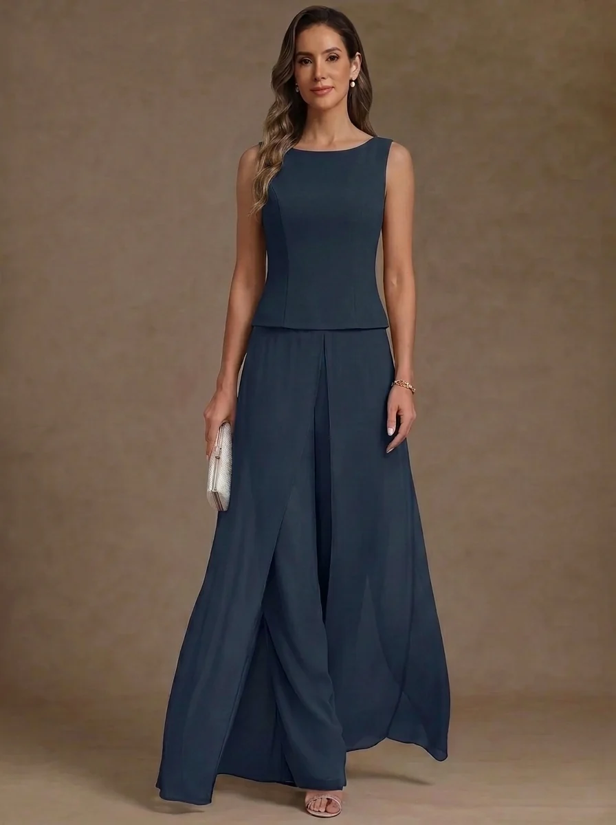 3 Pieces Suit Scoop Chiffon Mother of the Bride Pantsuits with Jacket Overskirt Lace Ankle-Length 3/4 Sleeves