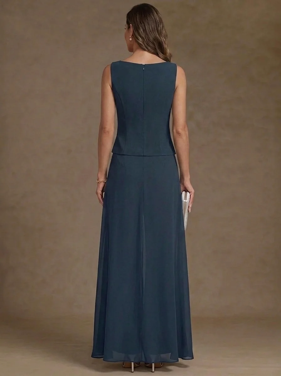 3 Pieces Suit Scoop Chiffon Mother of the Bride Pantsuits with Jacket Overskirt Lace Ankle-Length 3/4 Sleeves