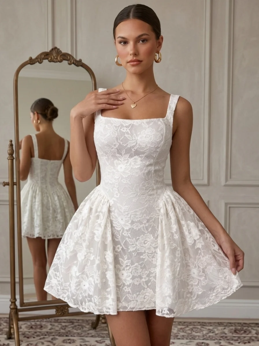 A-Line/Princess Square Collar Lace Homecoming Dresses Sleeveless Short/Mini Floral