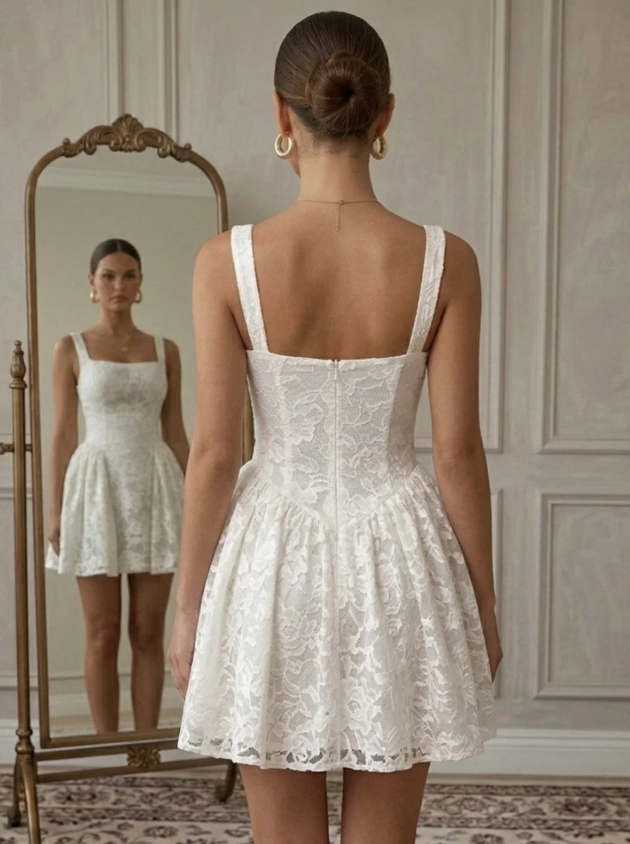 A-Line/Princess Square Collar Lace Homecoming Dresses Sleeveless Short/Mini Floral