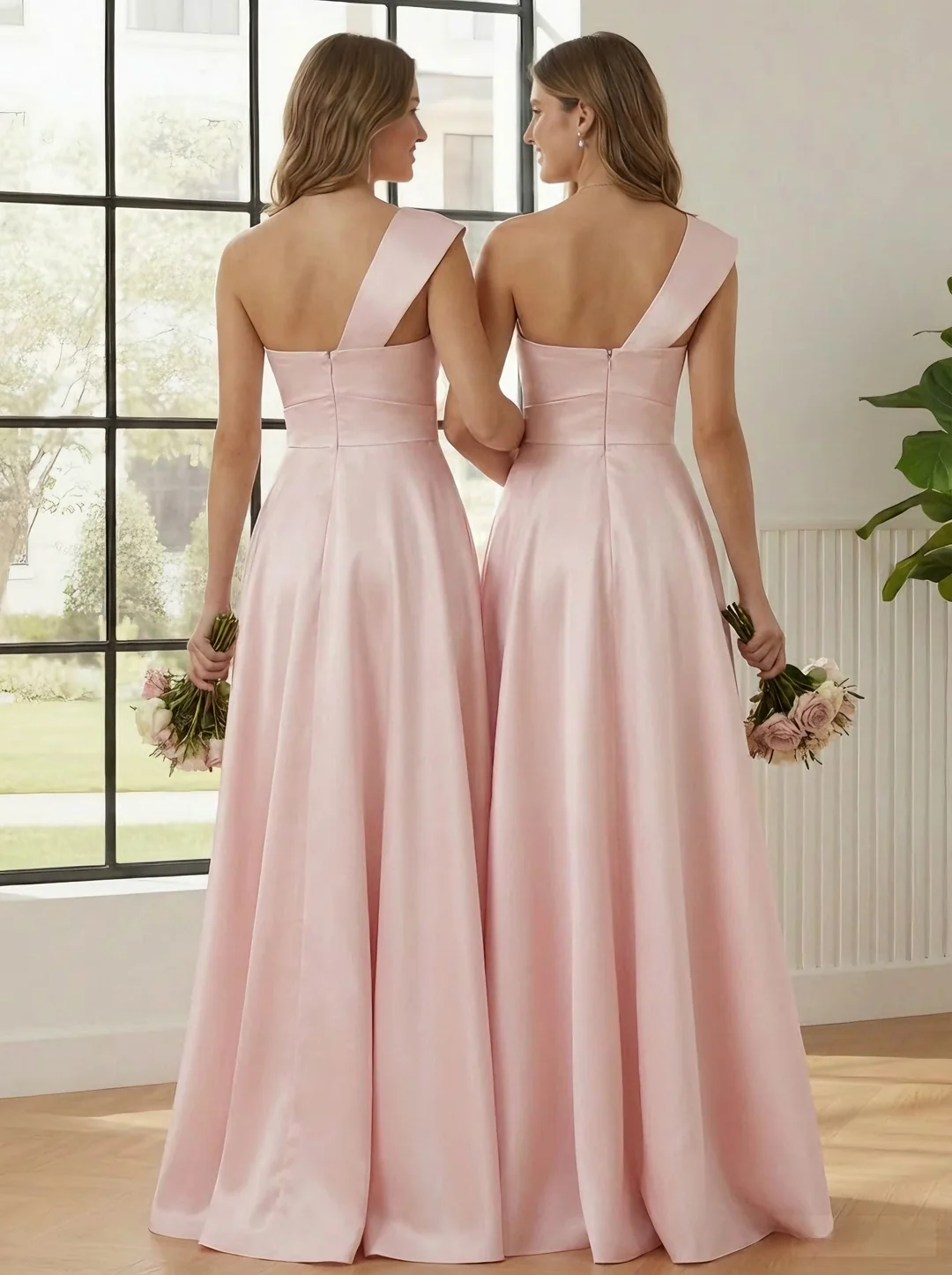 A-Line/Princess One-Shoulder Satin Bridesmaid Dresses Sleeveless Floor-Length Ruched Bowknot