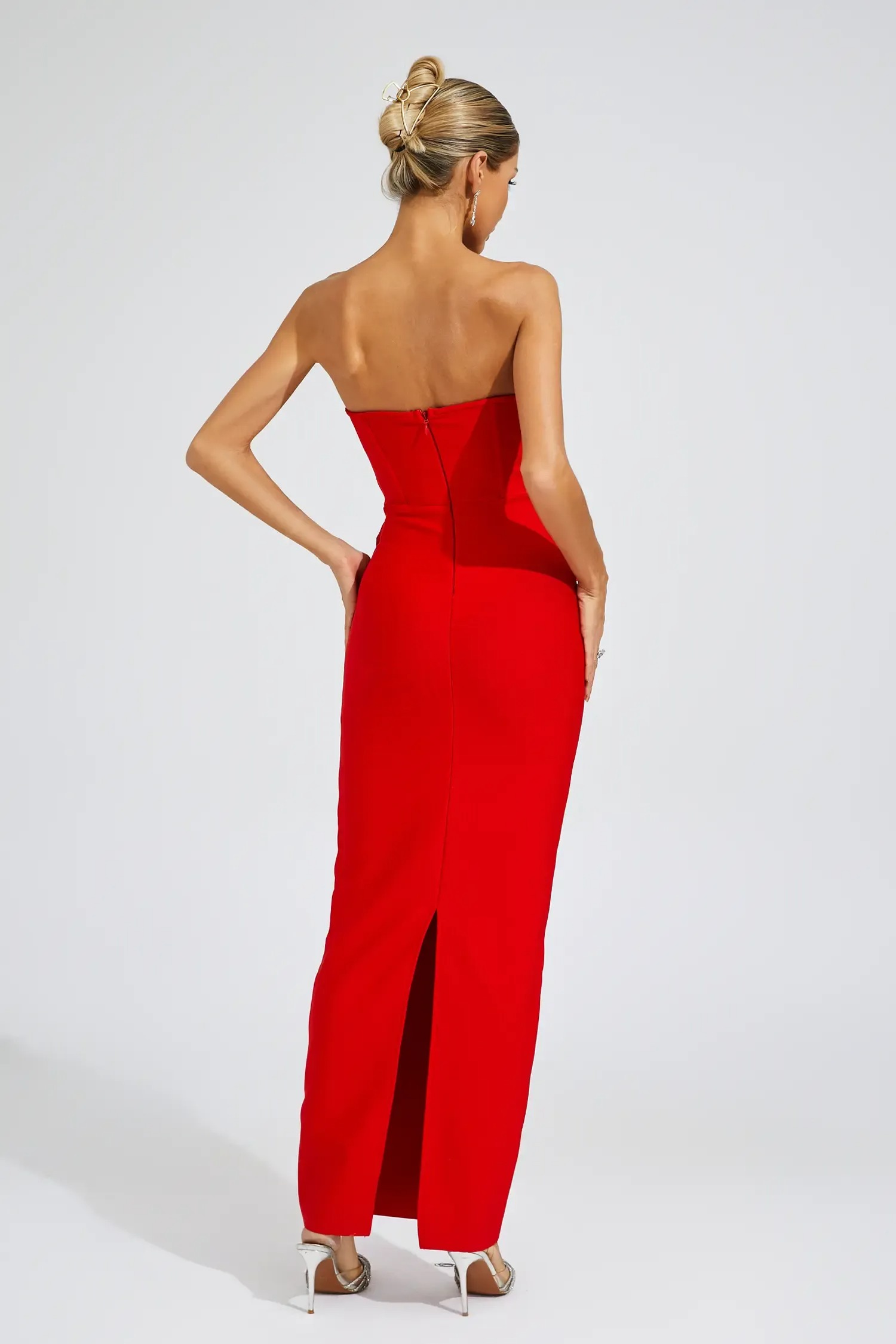 Red Strapless Sheath Gown with 3D Flower Appliques