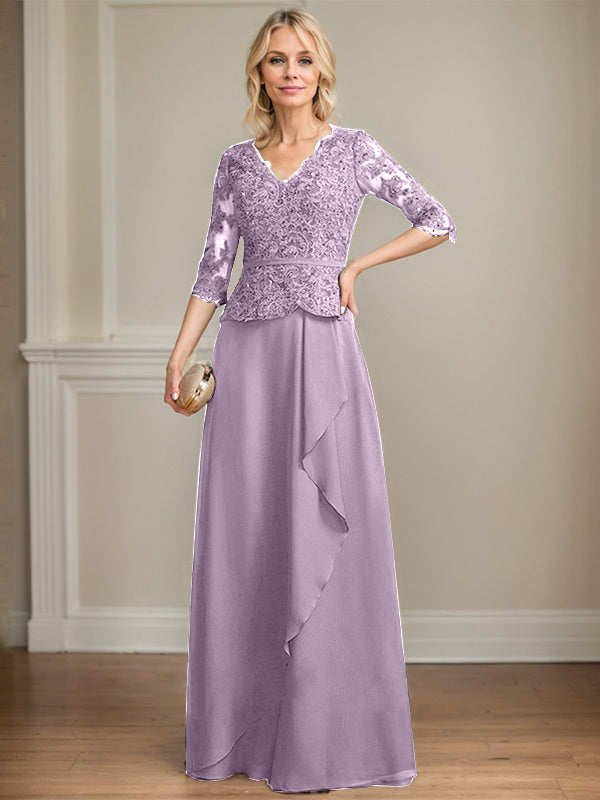 A-line V-Neck Floor-Length Lace Chiffon Mother of the Bride Dress With Cascading Ruffles Sequins