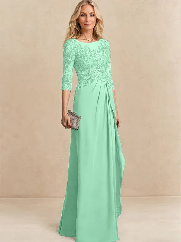 A-line Scoop Illusion Floor-Length Chiffon Lace Mother of the Bride Dress With Beading Sequins Cascading Ruffles