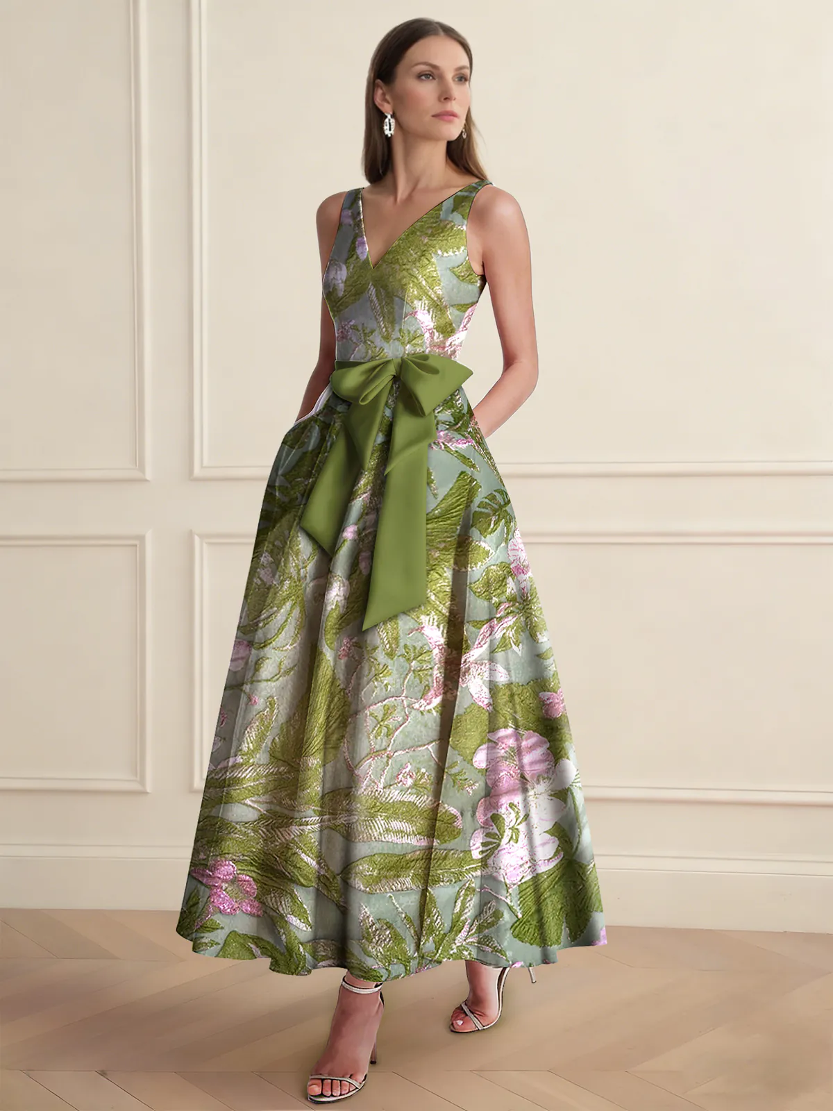 A-Line/Princess Cocktail Dresses Floral Formal V Neck Sleeveless Tea Length with Bowknot Pocket