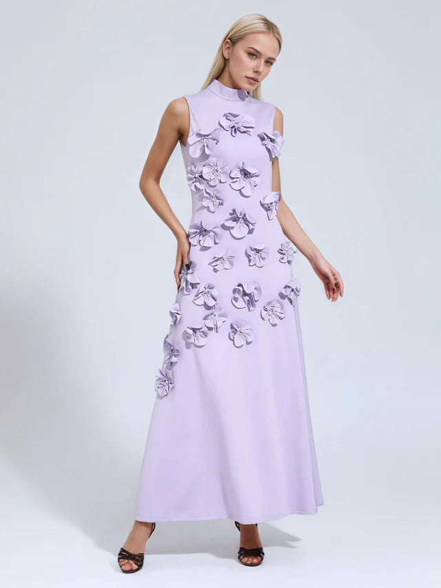 A Line High Neck Sleeveless Floor Length Stretch Crepe Dress With 3D Flowers