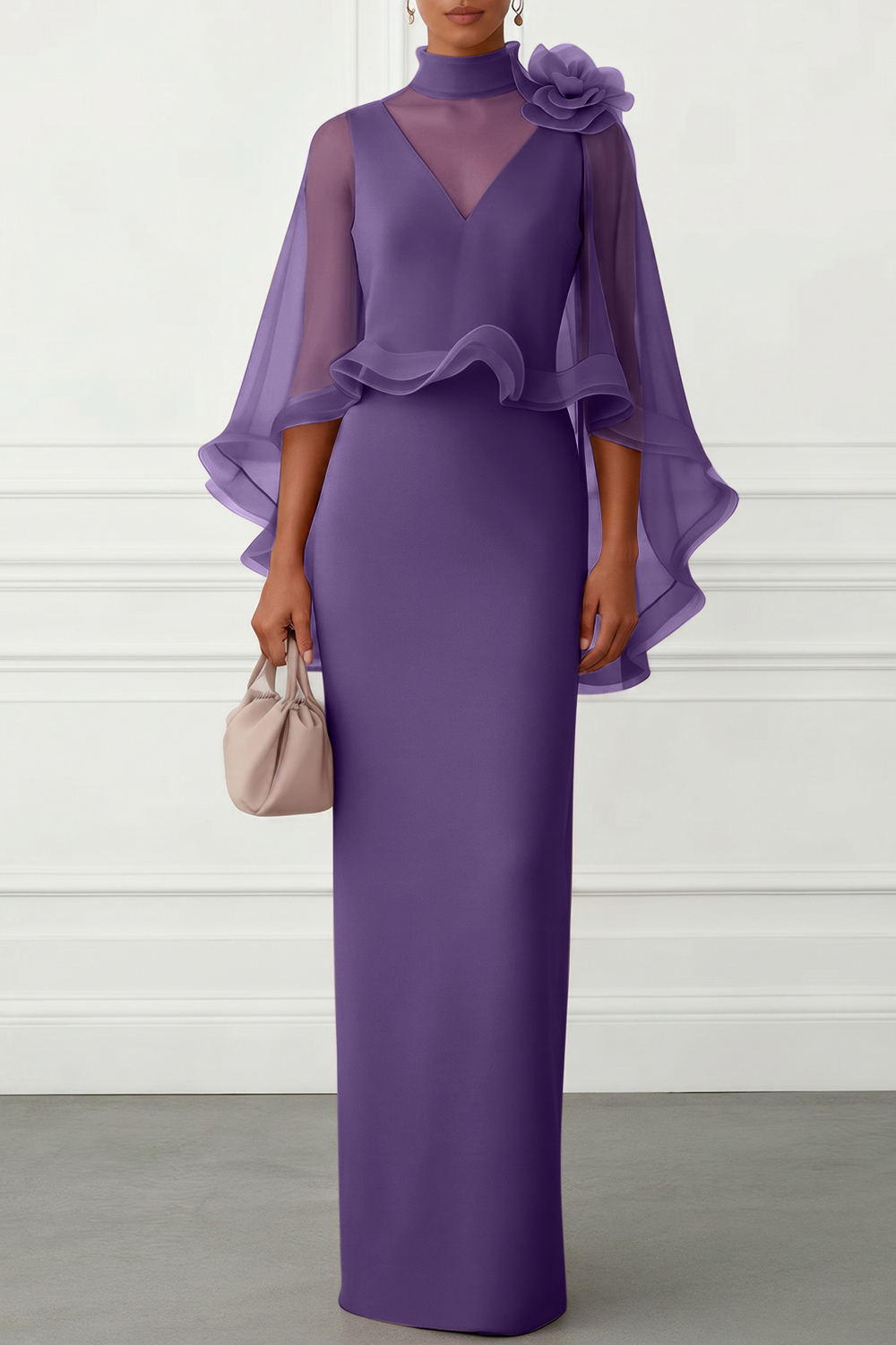 Nudepink 3D Floral Mesh Classic Mock Neck Half Sleeve Sheath Floor-length Gown Dress