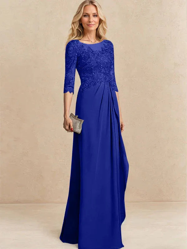 A-line Scoop Illusion Floor-Length Chiffon Lace Mother of the Bride Dress With Beading Sequins Cascading Ruffles