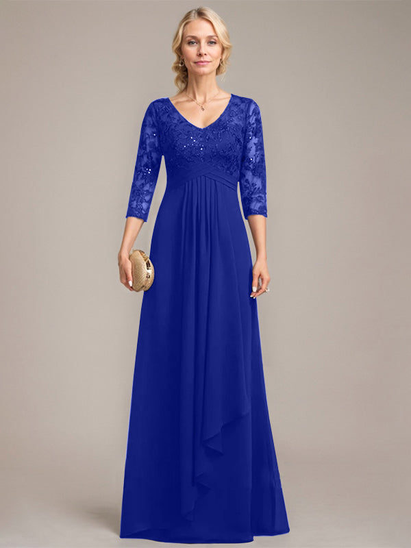 A-line V-Neck Floor-Length Lace Chiffon Mother of the Bride Dress With Cascading Ruffles Sequins