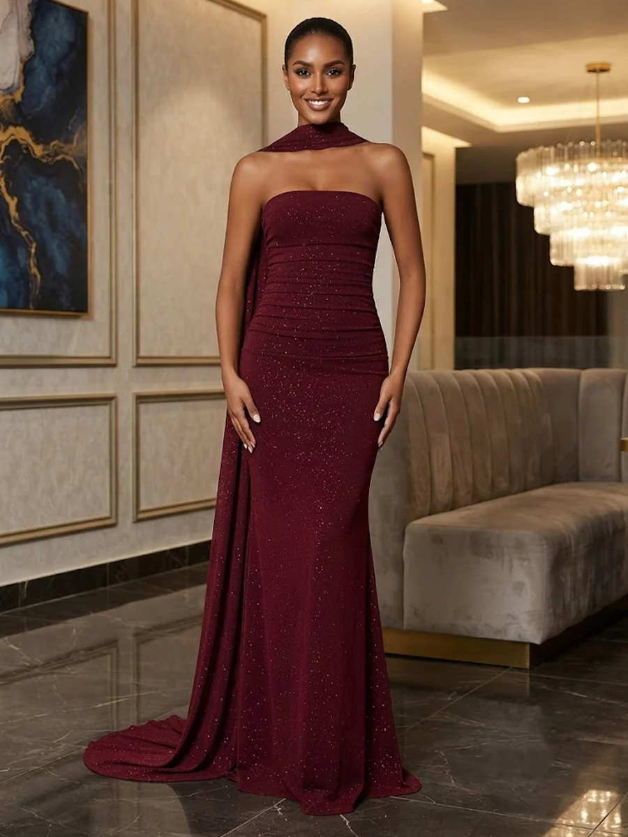 Sequin Sheath/Column Strapless Floor-Length Formal Prom Dresses with Scarf