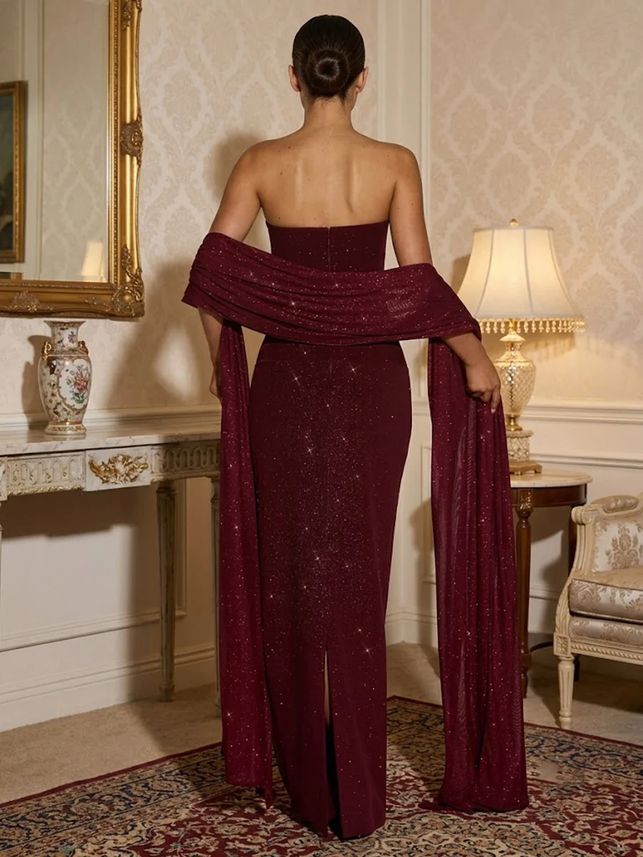 Sequin Sheath/Column Strapless Floor-Length Formal Prom Dresses with Scarf