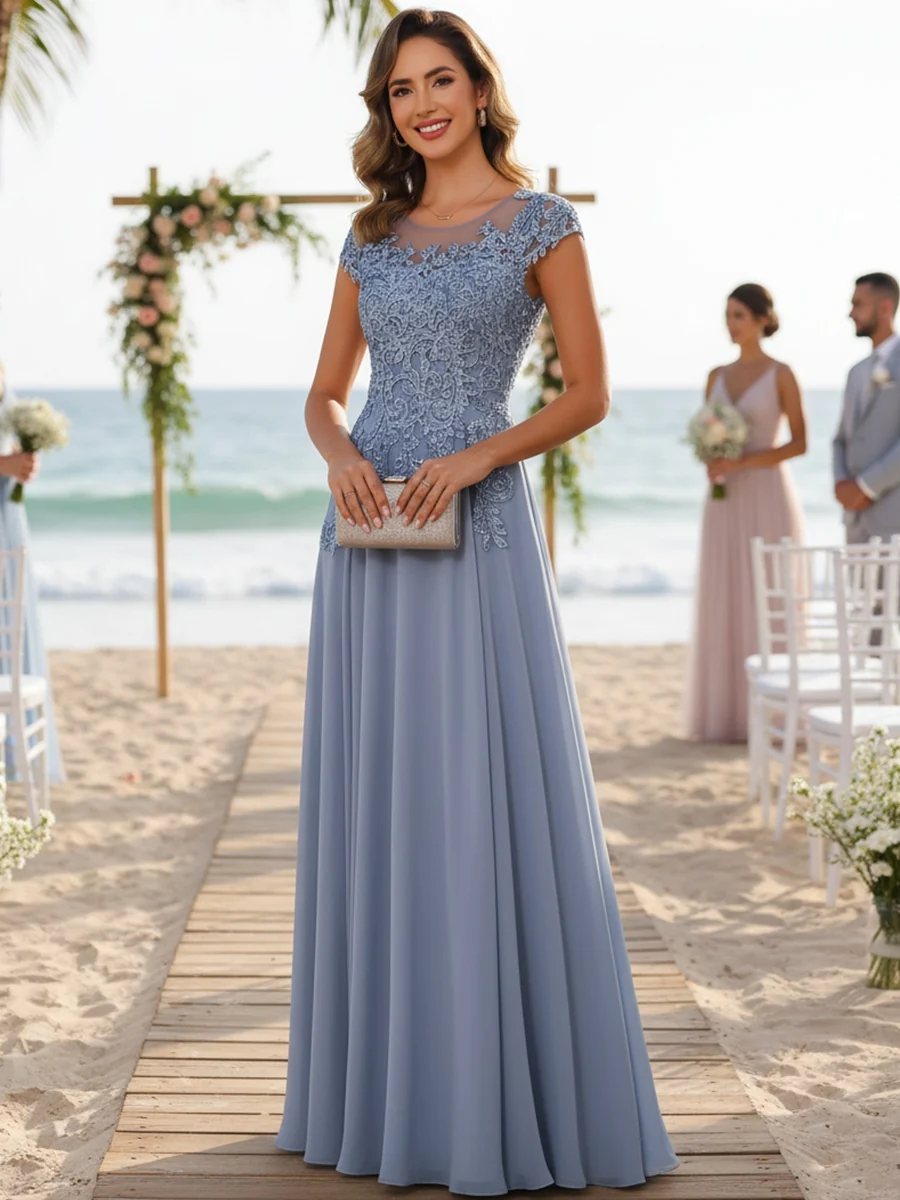 A-Line/Princess Scoop Neck Short Sleeves Floor-Length Mother of the Bride Dresses with Appliques