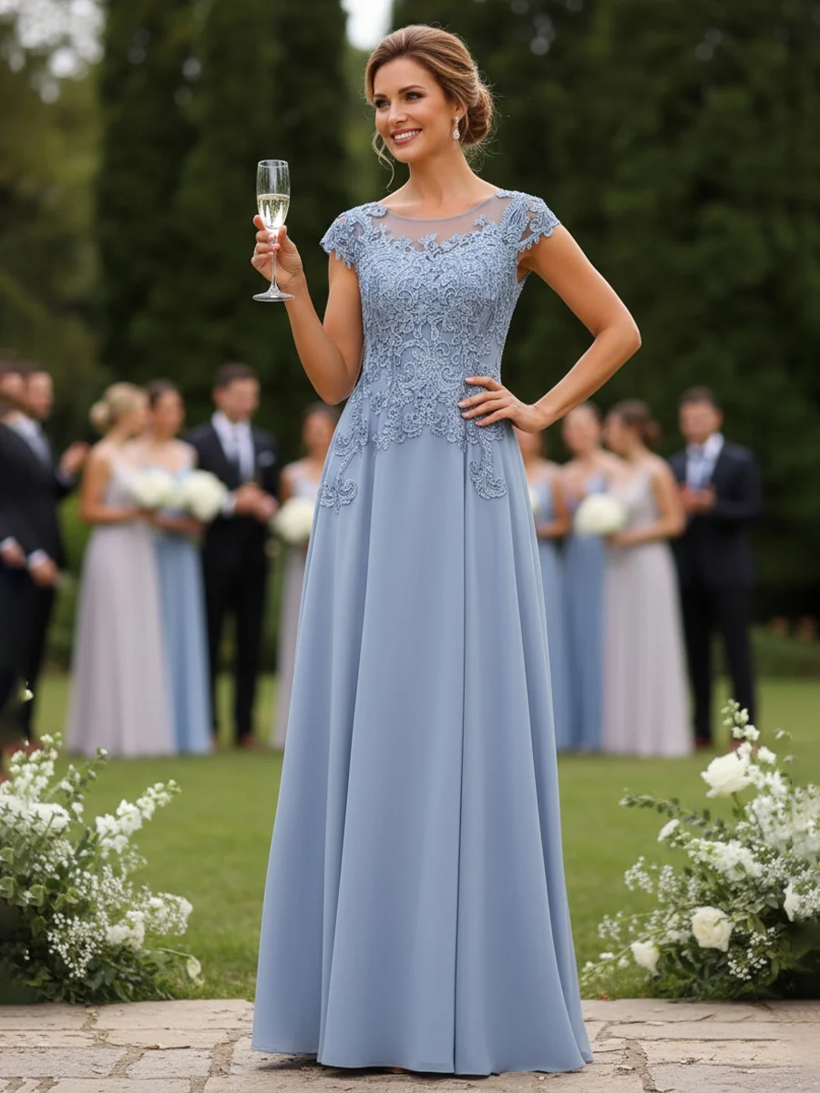 A-Line/Princess Scoop Neck Short Sleeves Floor-Length Mother of the Bride Dresses with Appliques
