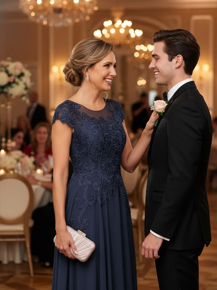 A-Line/Princess Scoop Neck Short Sleeves Floor-Length Mother of the Bride Dresses with Appliques