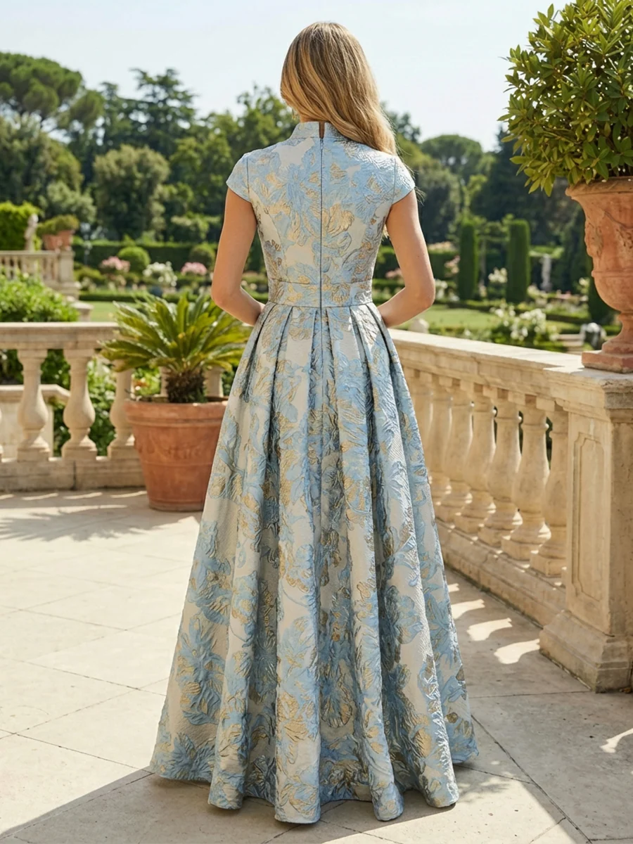 Cape Sleeve Jacquard Satin Ruched Mother of the Bride Dresses
