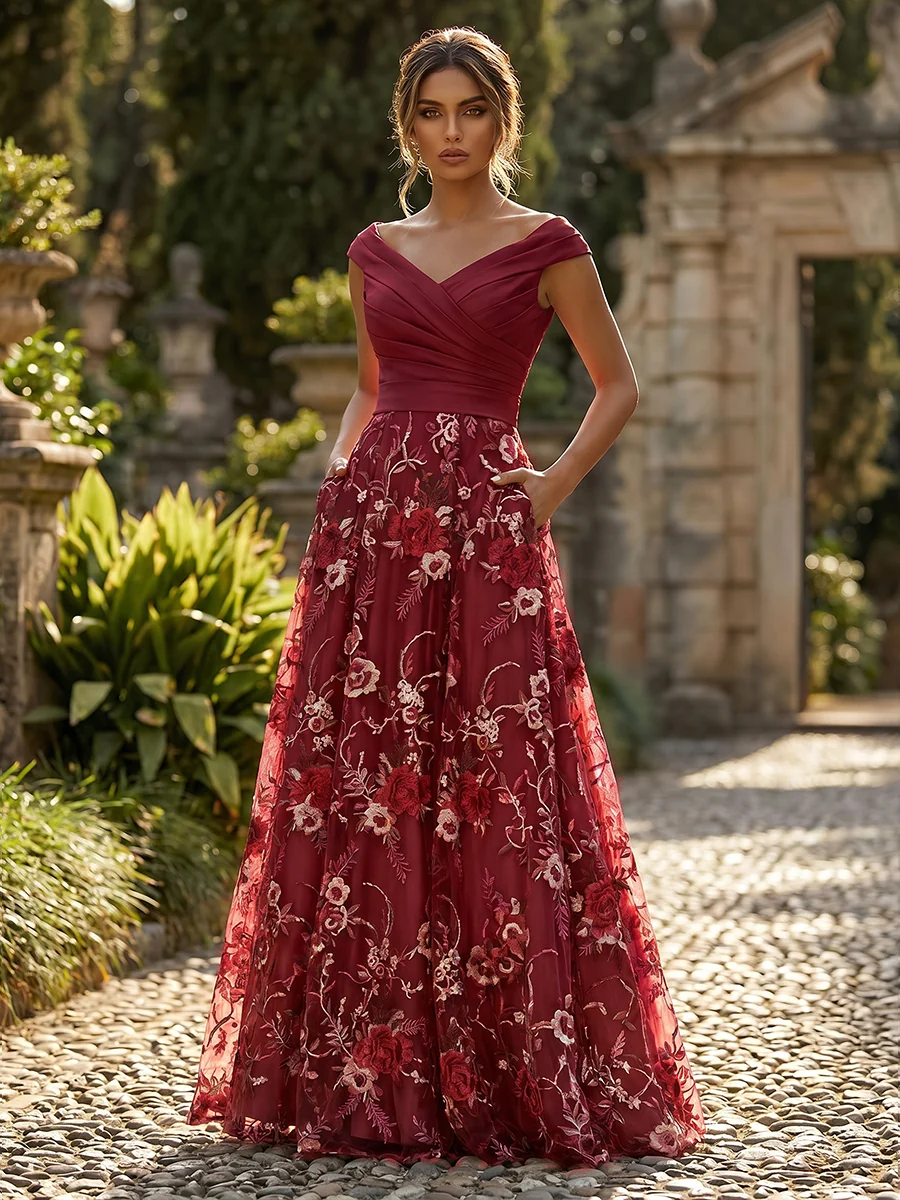 A-Line Floral Sequin Lace Floor-Length Mother of the Bride & Groom Dresses with Ruched Satin Bodice 