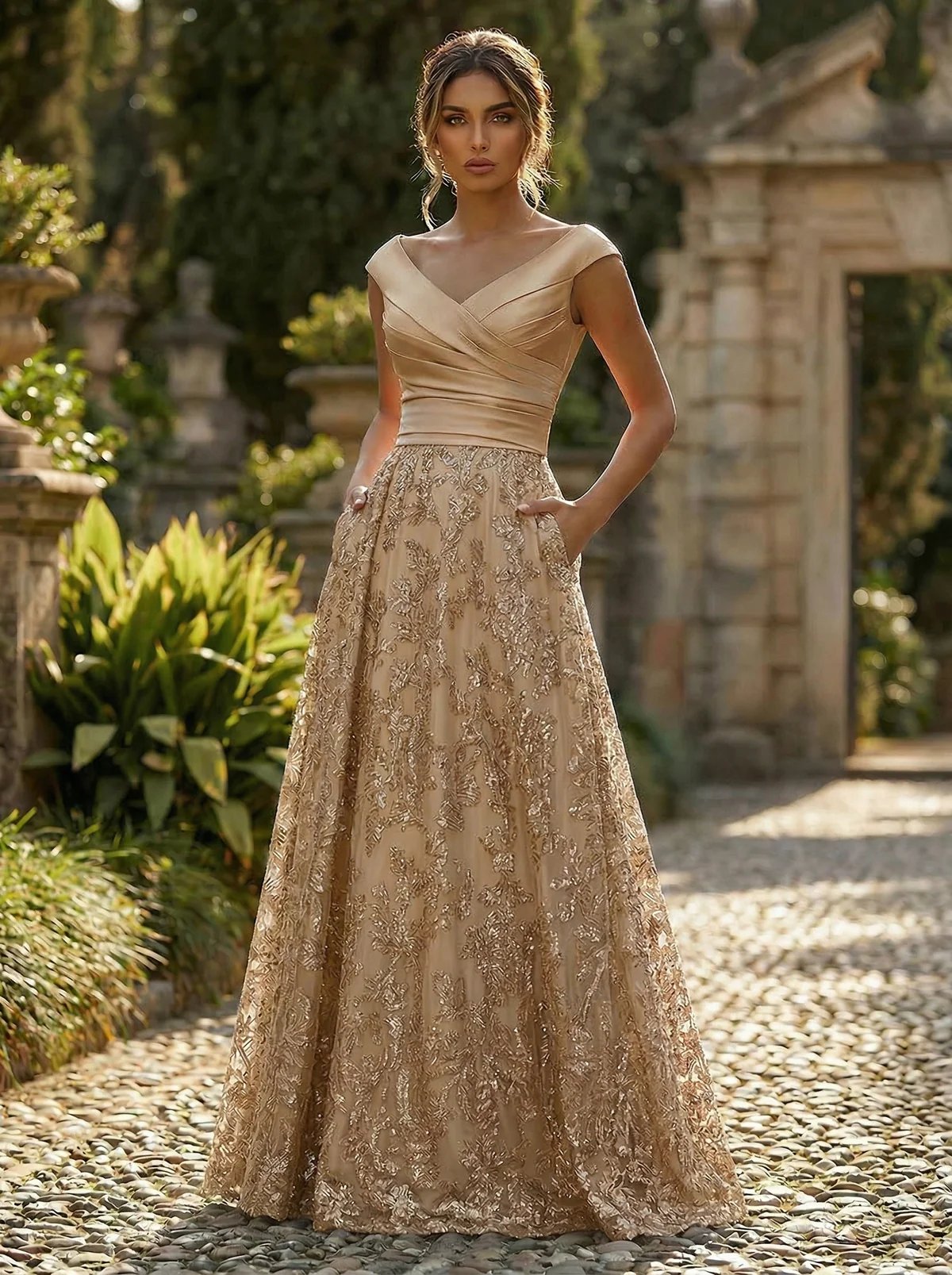 A-Line Floral Sequin Lace Floor-Length Mother of the Bride & Groom Dresses with Ruched Satin Bodice 