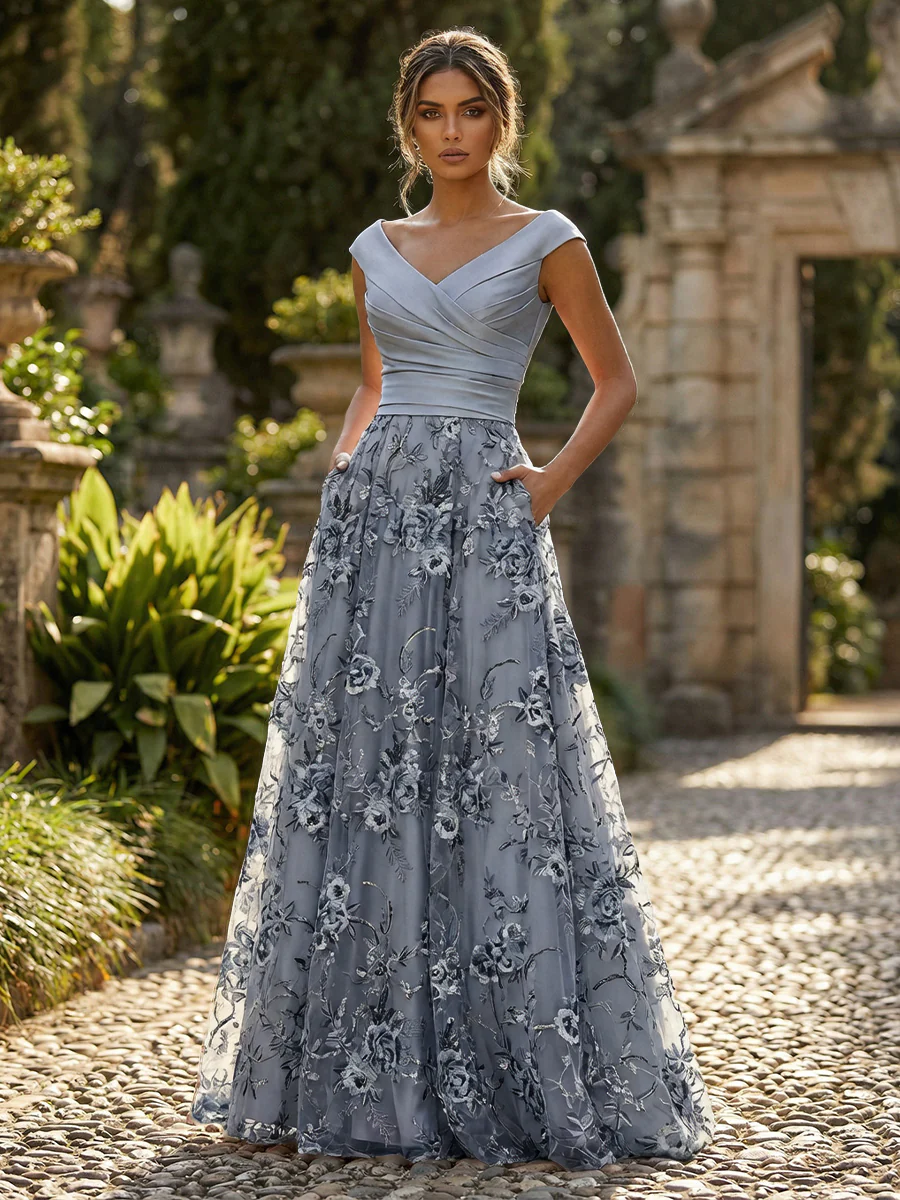 A-Line Floral Sequin Lace Floor-Length Mother of the Bride & Groom Dresses with Ruched Satin Bodice 
