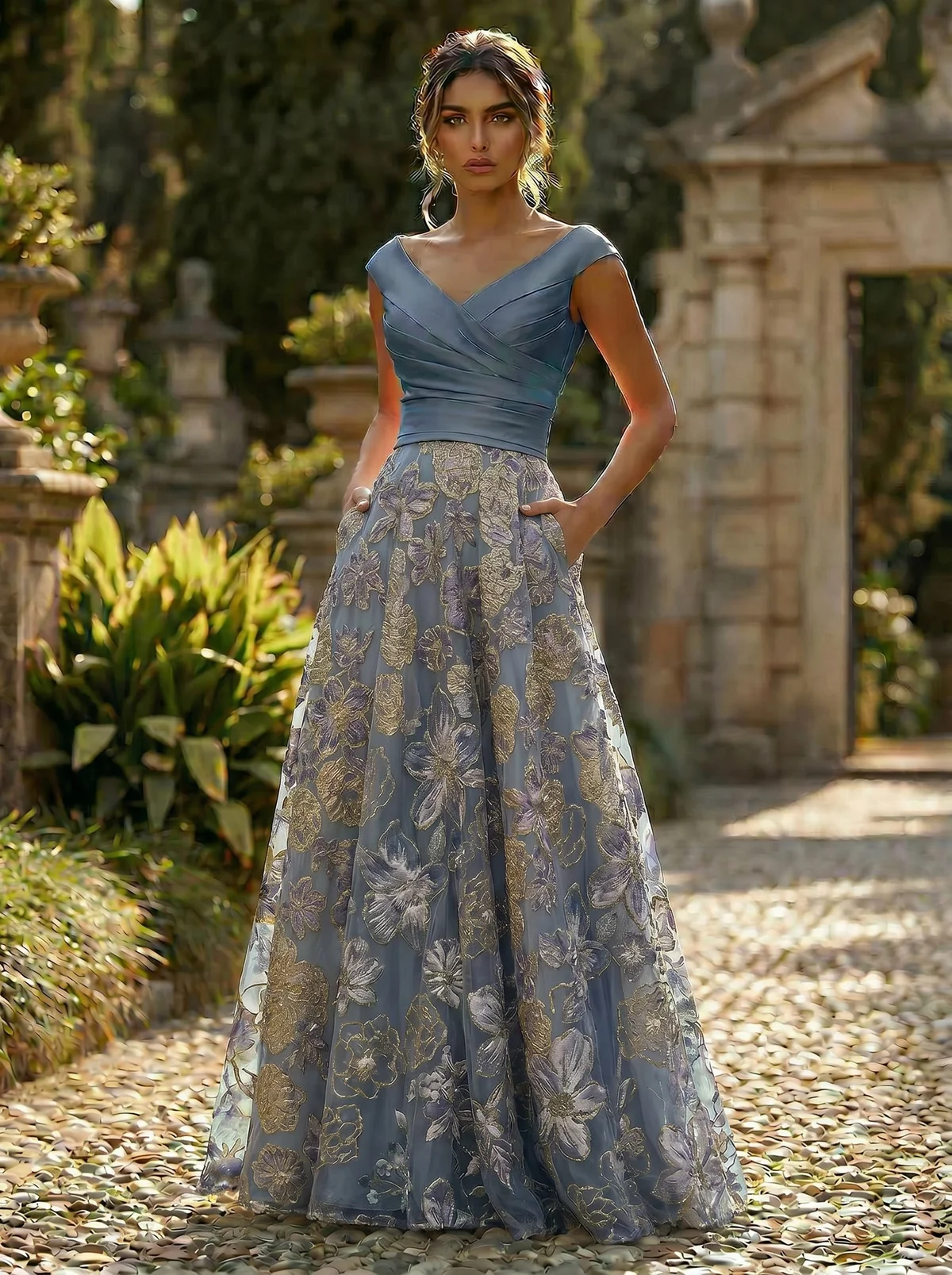 A-Line Floral Sequin Lace Floor-Length Mother of the Bride & Groom Dresses with Ruched Satin Bodice 