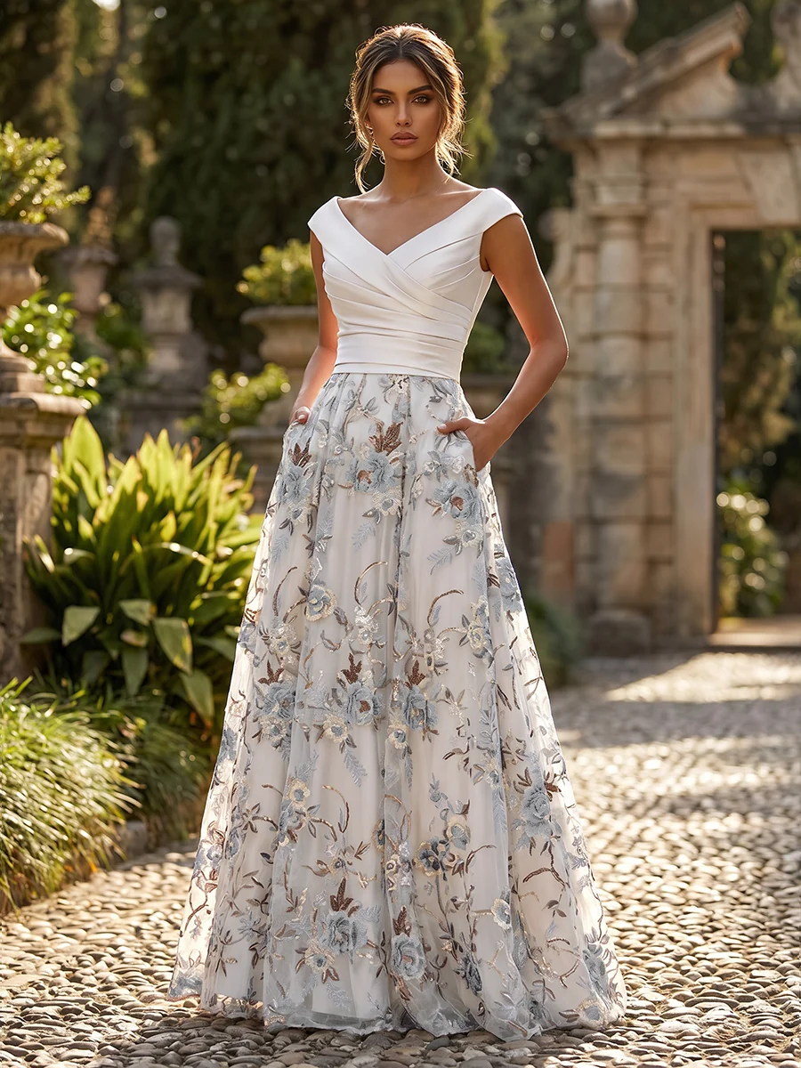 A-Line Floral Sequin Lace Floor-Length Mother of the Bride & Groom Dresses with Ruched Satin Bodice 
