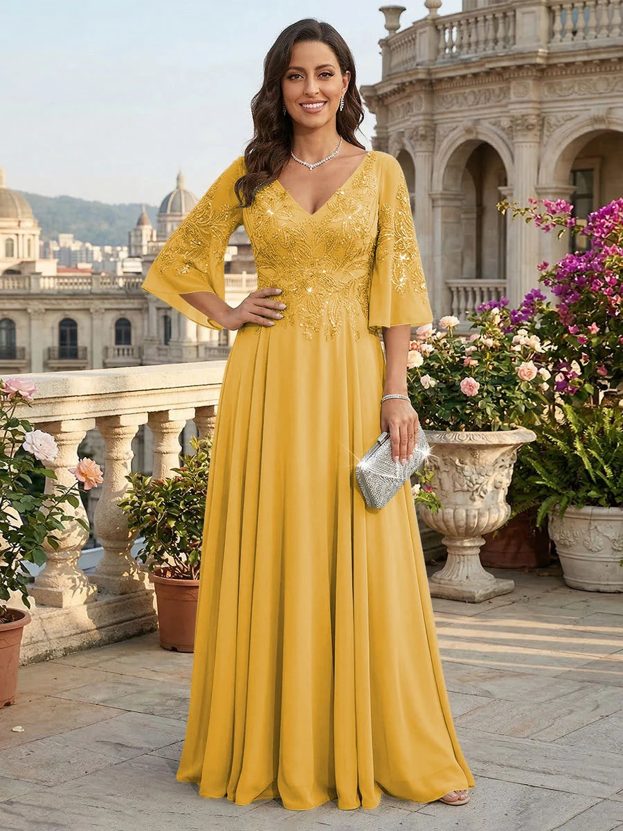 A-Line Chiffon 3/4 Flutter Sleeves Mother of the Bride & Groom Dresses with Beaded Lace Embroidered Bodice