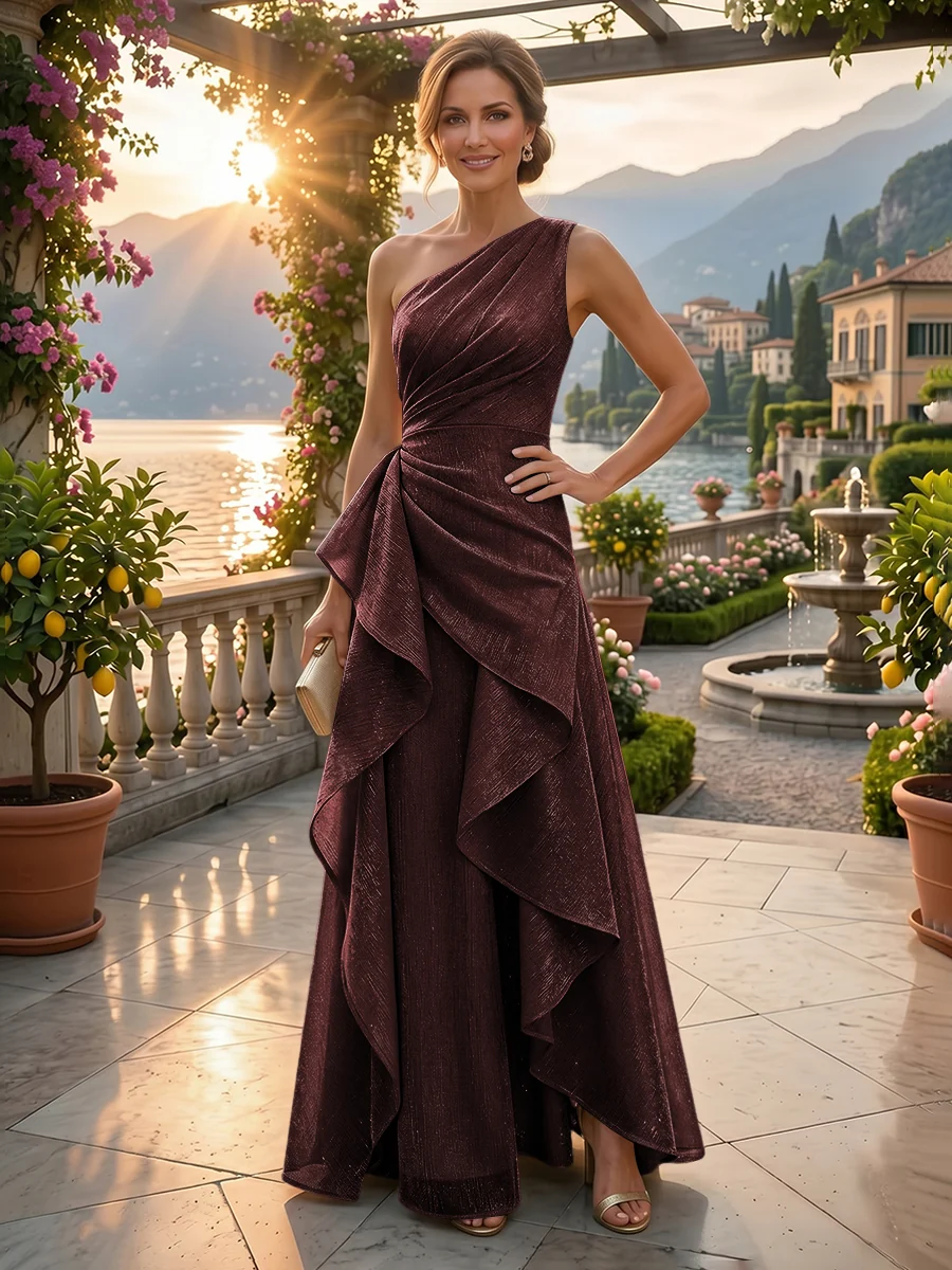 Chiffon A-Line/Princess One Shoulder Floor-Length Mother of the Bride & Groom Dresses with Ruffles & Ruched Waist