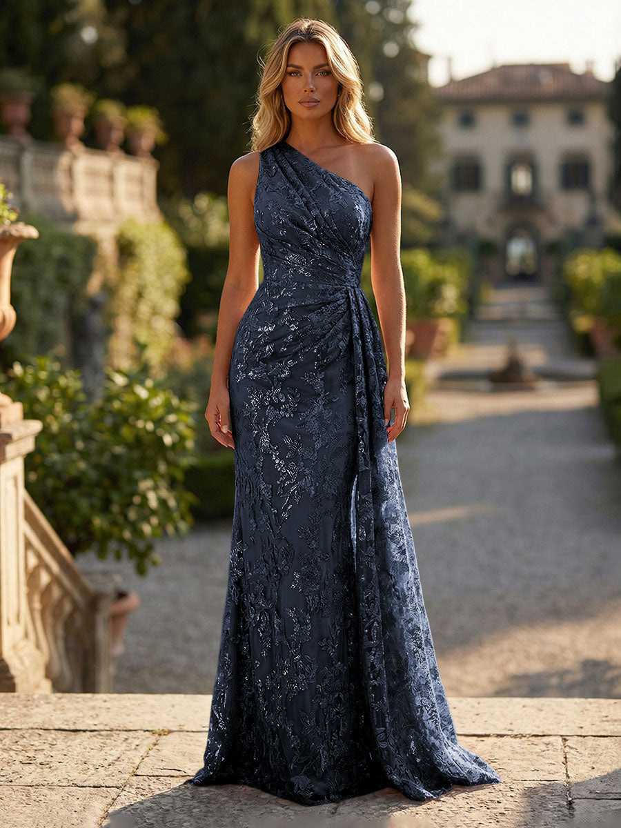 Floral Lace Embroidered One Shoulder Ruched Waist Side Train Maxi Dress