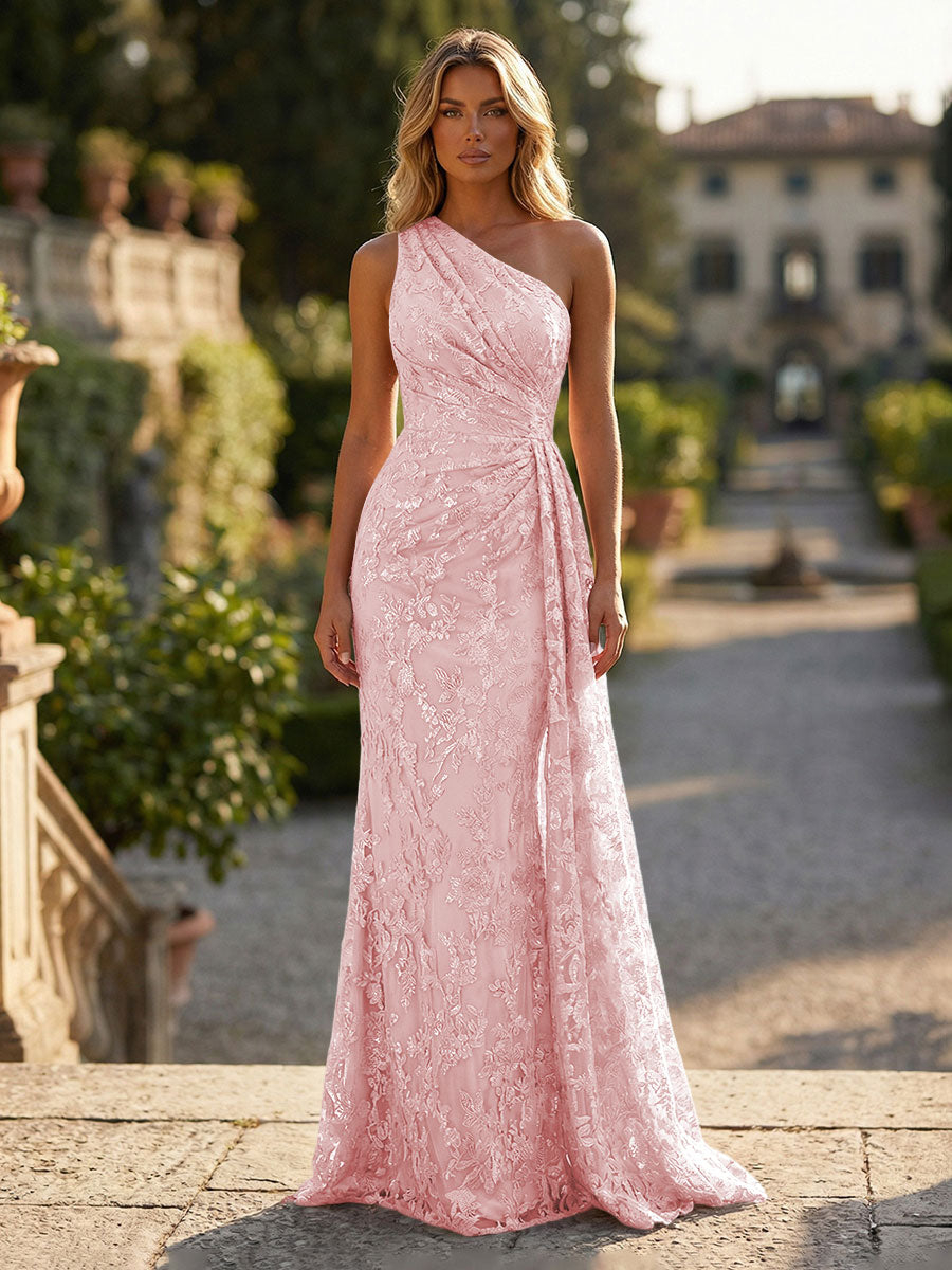 Floral Lace Embroidered One Shoulder Ruched Waist Side Train Maxi Dress