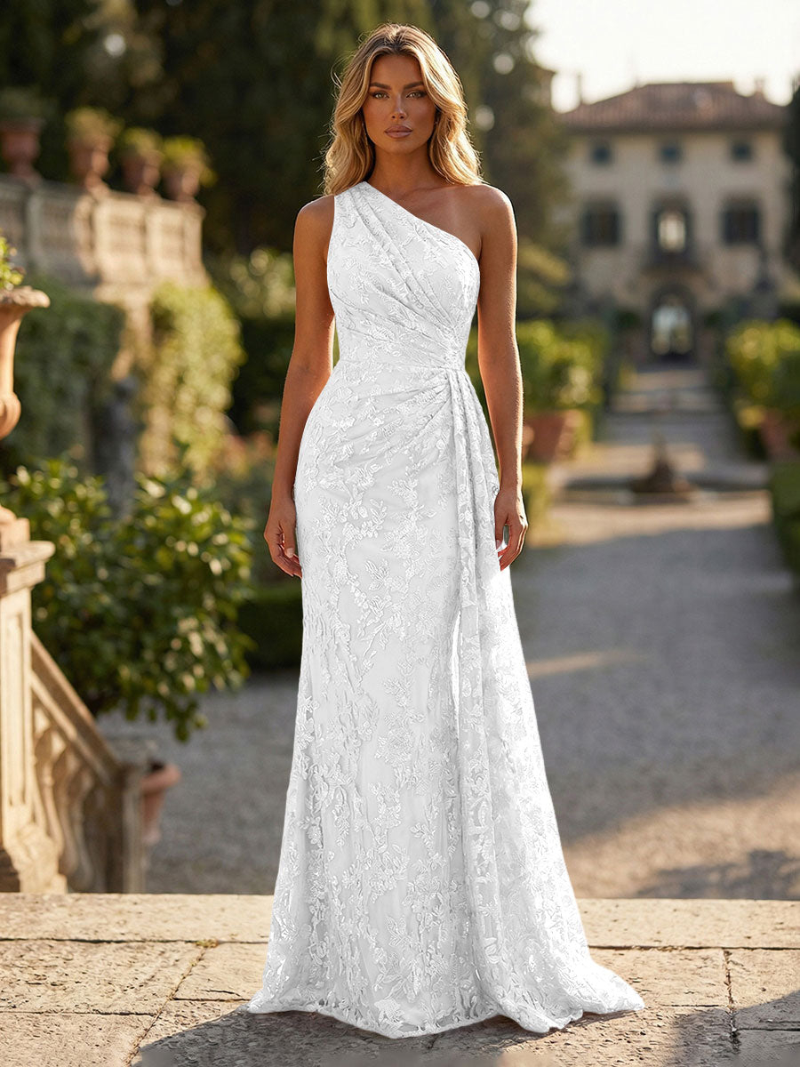 Floral Lace Embroidered One Shoulder Ruched Waist Side Train Maxi Dress