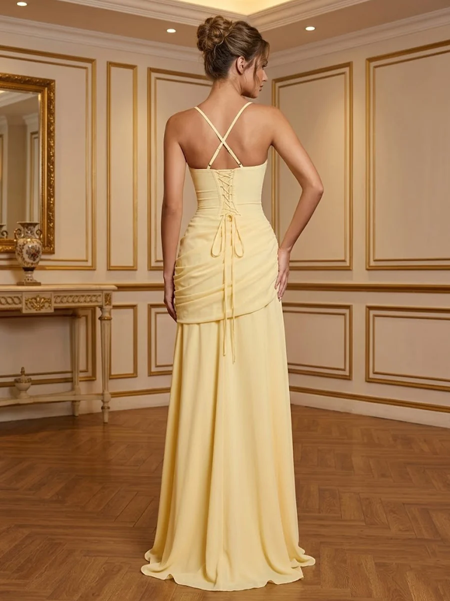 Chiffon Spaghetti Straps Pleated Drop Waist Formal Prom Dresses for Women Evening Gowns