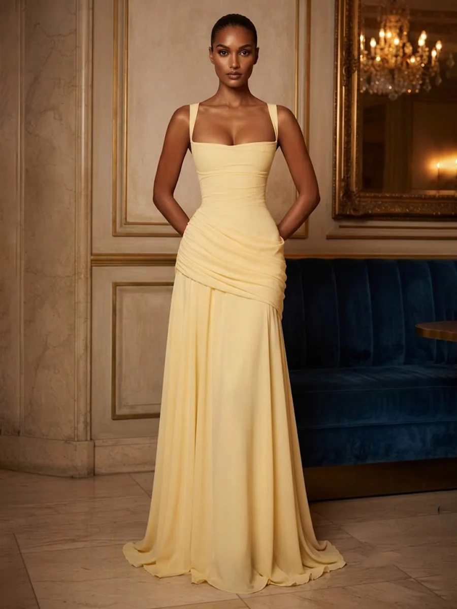 Chiffon Spaghetti Straps Pleated Drop Waist Formal Prom Dresses for Women Evening Gowns