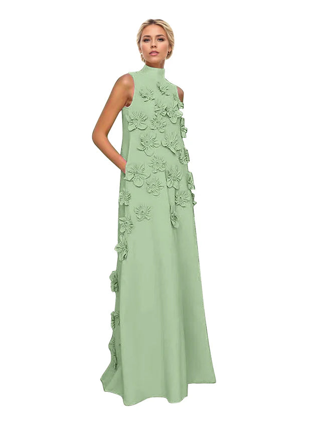 A Line High Neck Sleeveless Floor Length Stretch Crepe Dress With 3D Flowers