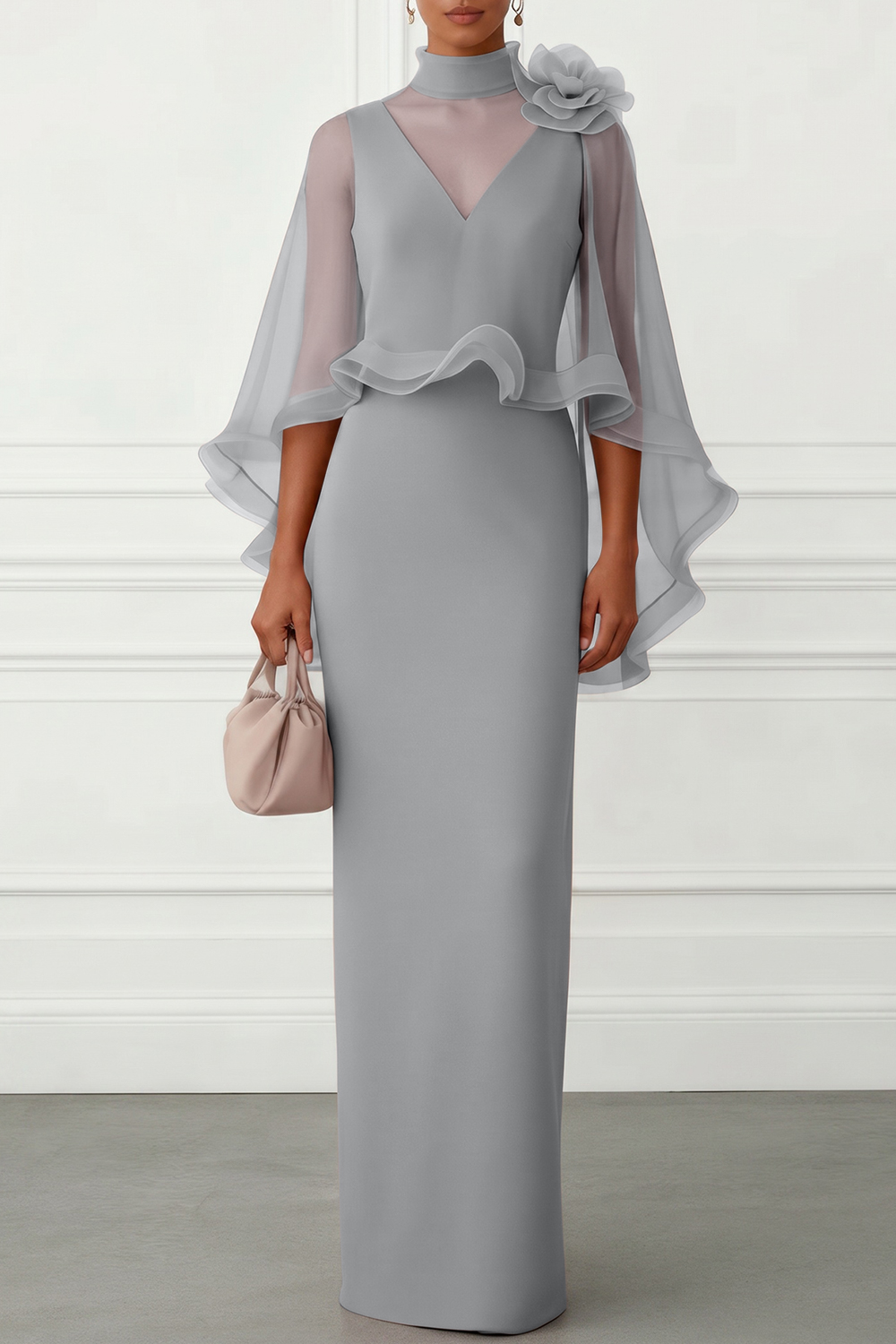 Nudepink 3D Floral Mesh Classic Mock Neck Half Sleeve Sheath Floor-length Gown Dress