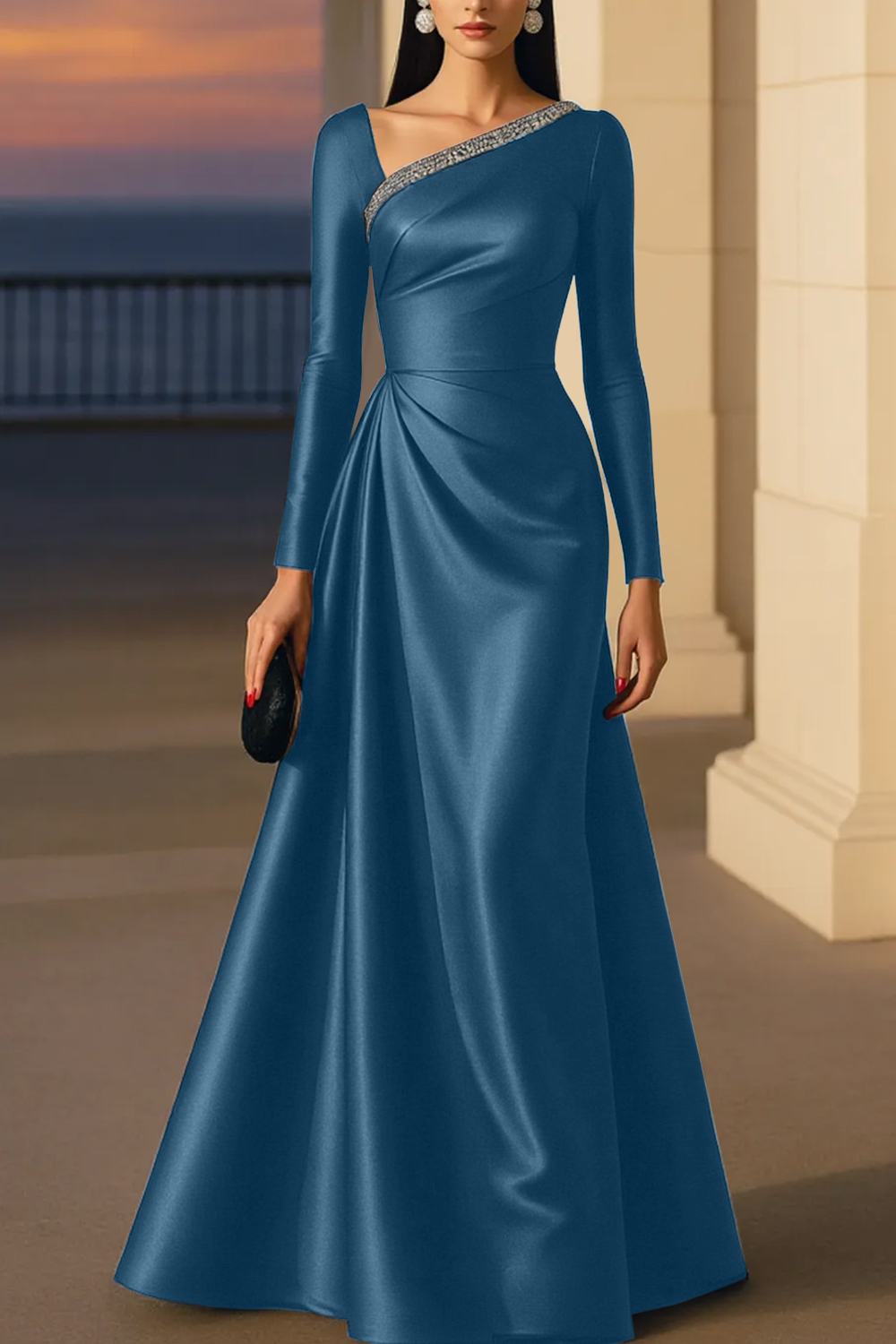 Evening Formal Burgundy Dress Asymmetrical Neck Long Sleeve Maxi Gown