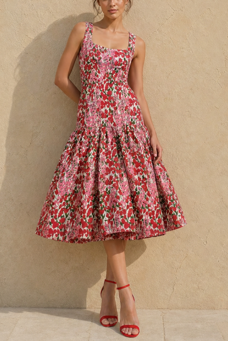 Pink Red Floral Print Square Neck Tiered Midi Dress