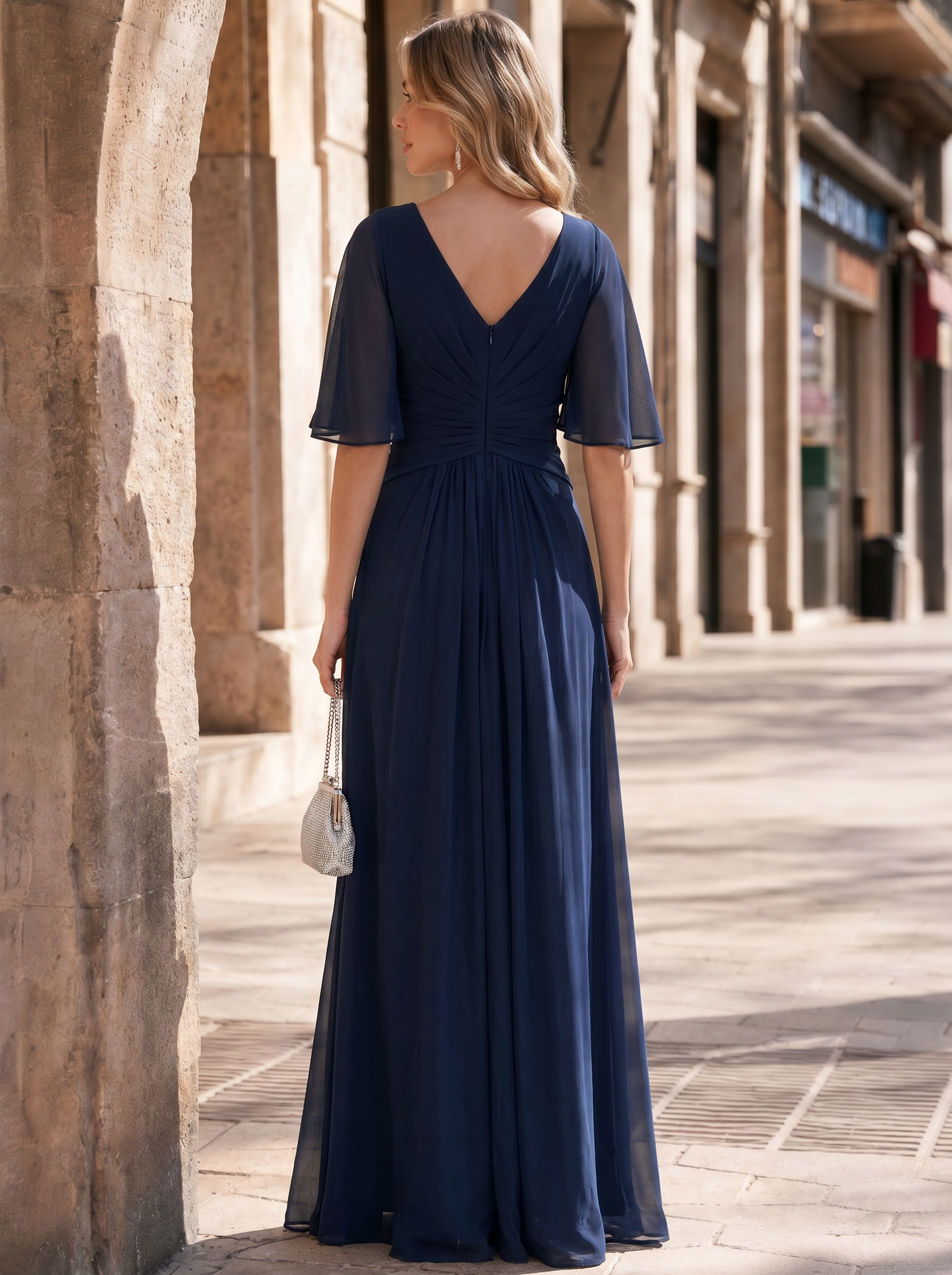 Flutter Sleeve Rhinestone Belt Chiffon Gown