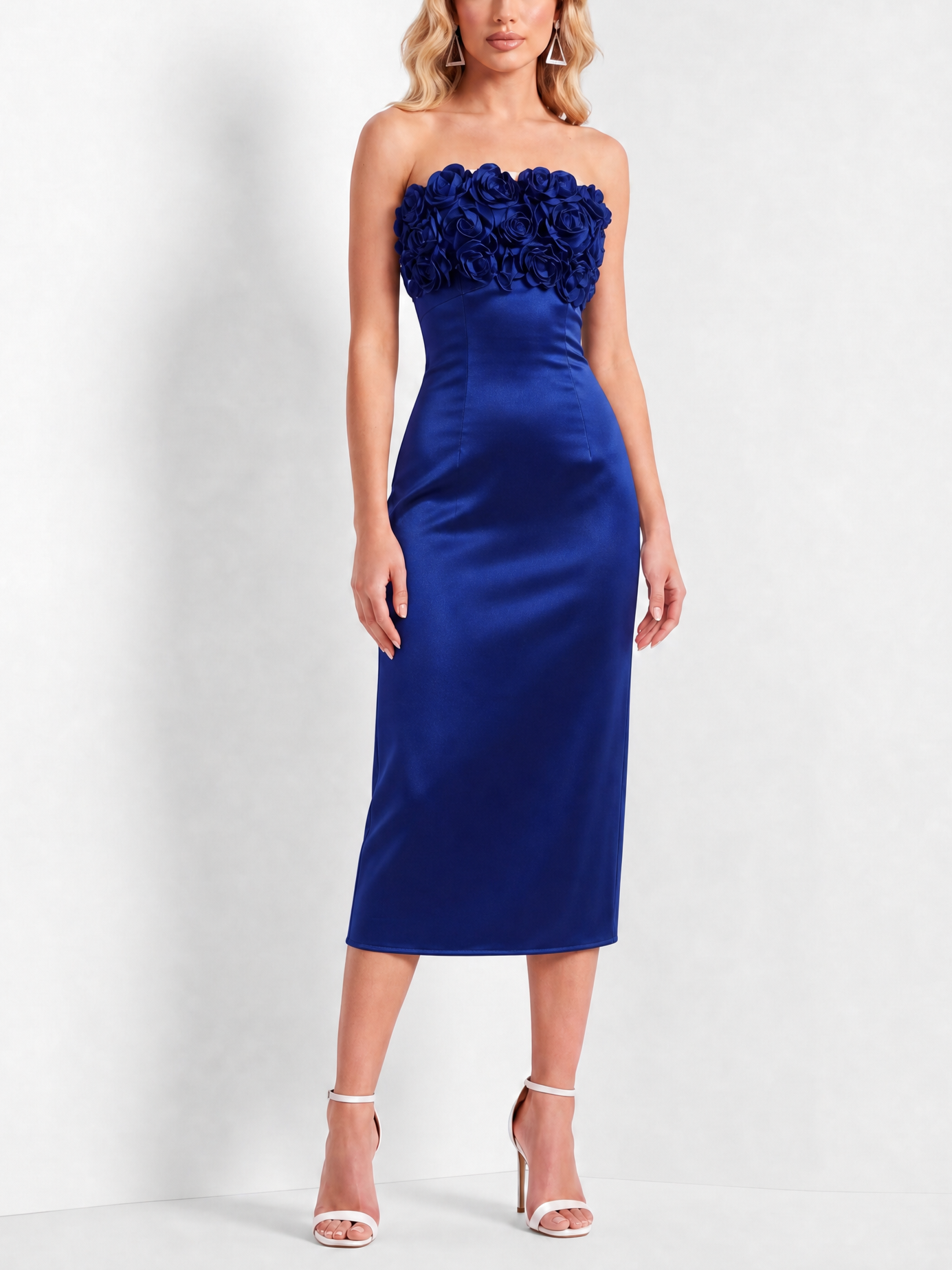 Royal Blue Strapless 3D Floral Embellished Satin Sheath Midi Dress