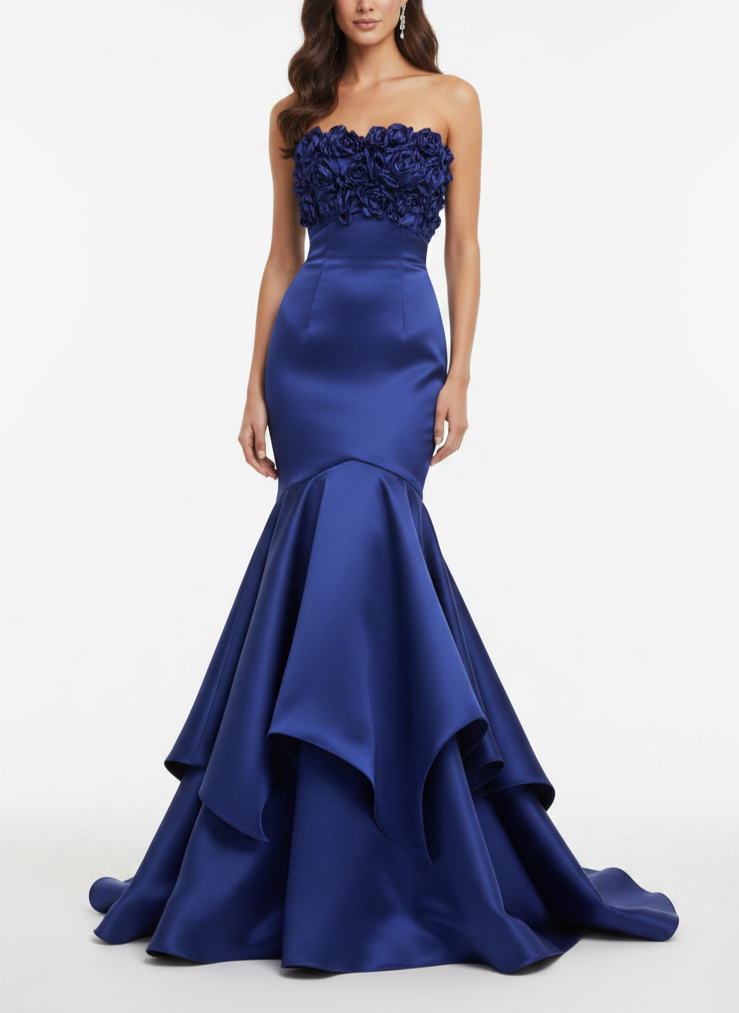 Royal Blue Strapless 3D Floral Embellished Satin Mermaid Gown with Train