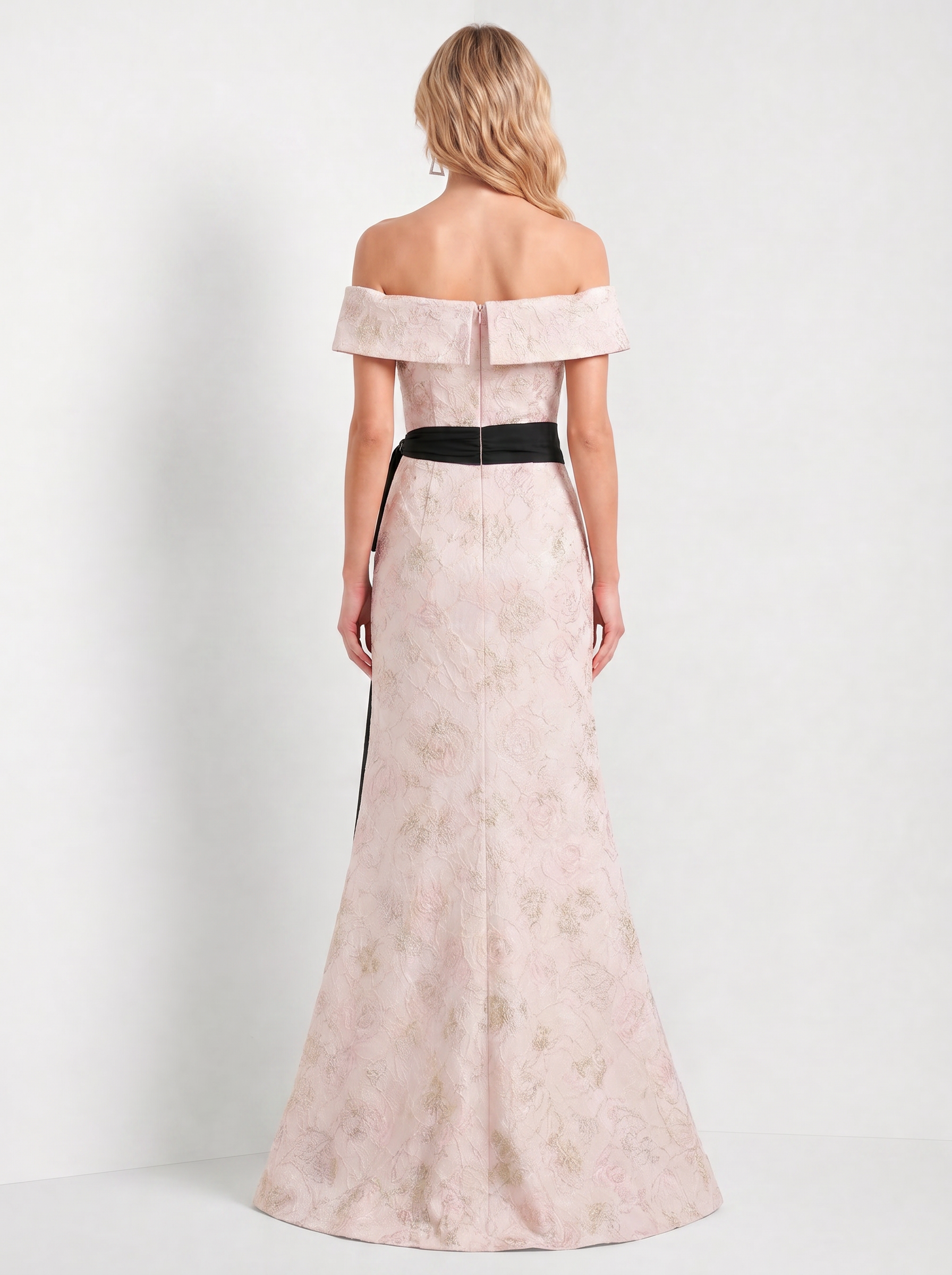 Blush Pink Off-the-Shoulder Floral Jacquard Mermaid Gown