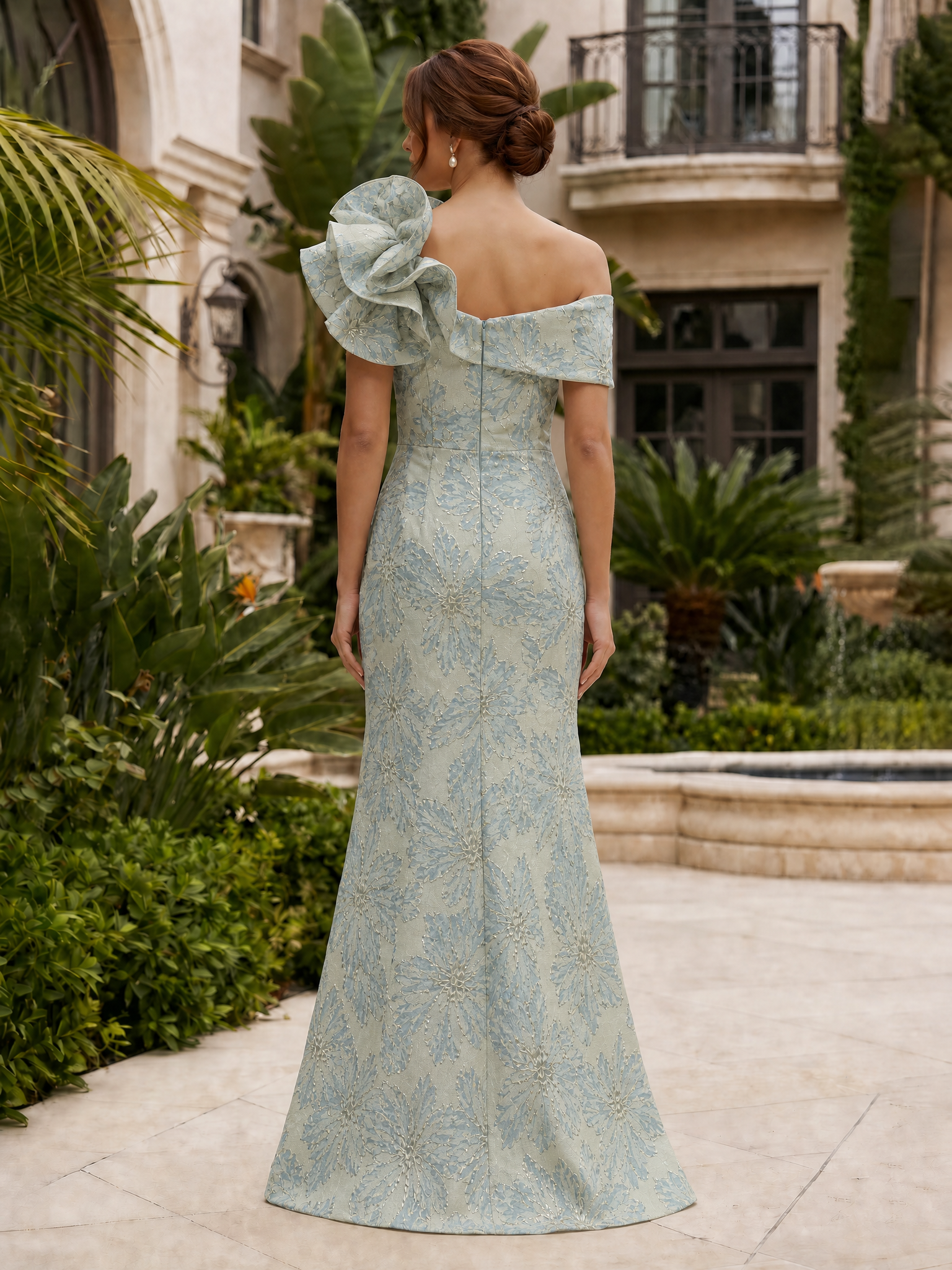 One-Shoulder Ruffled Floral Jacquard Mermaid Maxi Dress