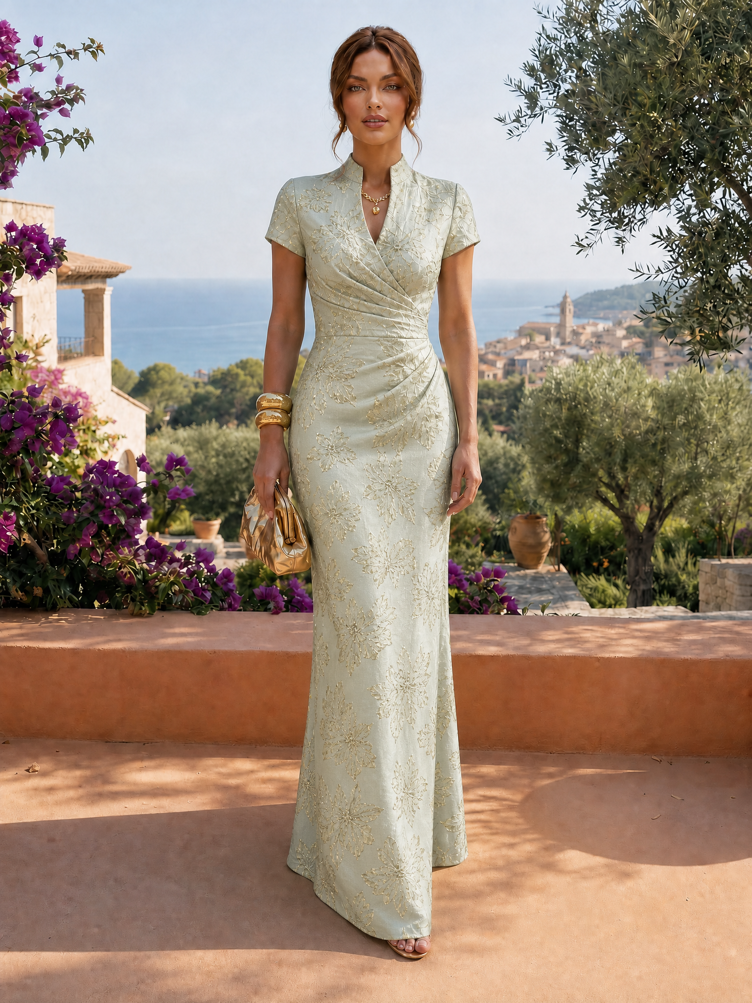 High Neck Cap Sleeve Floral Jacquard Mermaid Maxi Dress