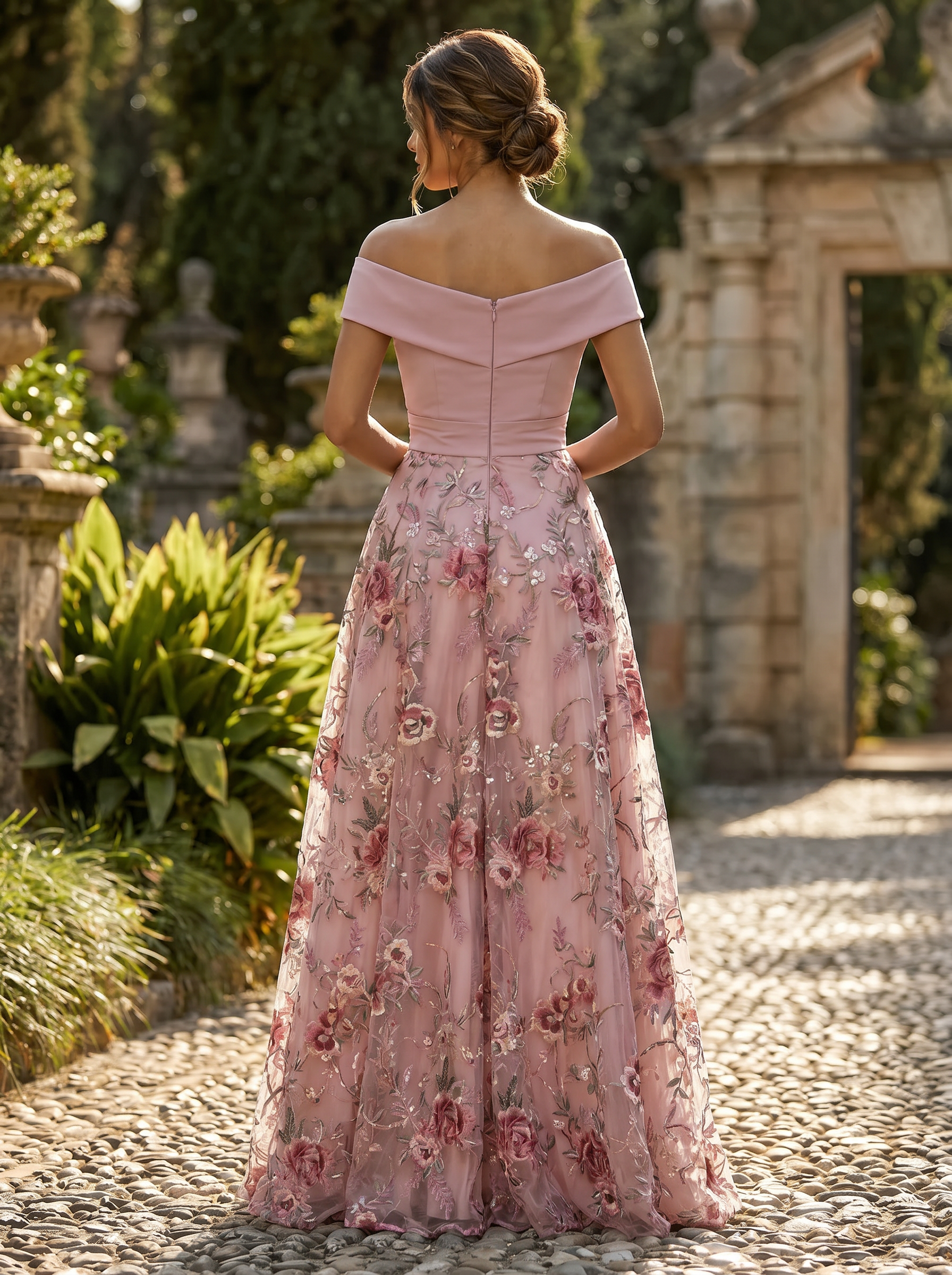 Off-the-Shoulder 3D Floral Embroidered A-Line Gown with Pockets