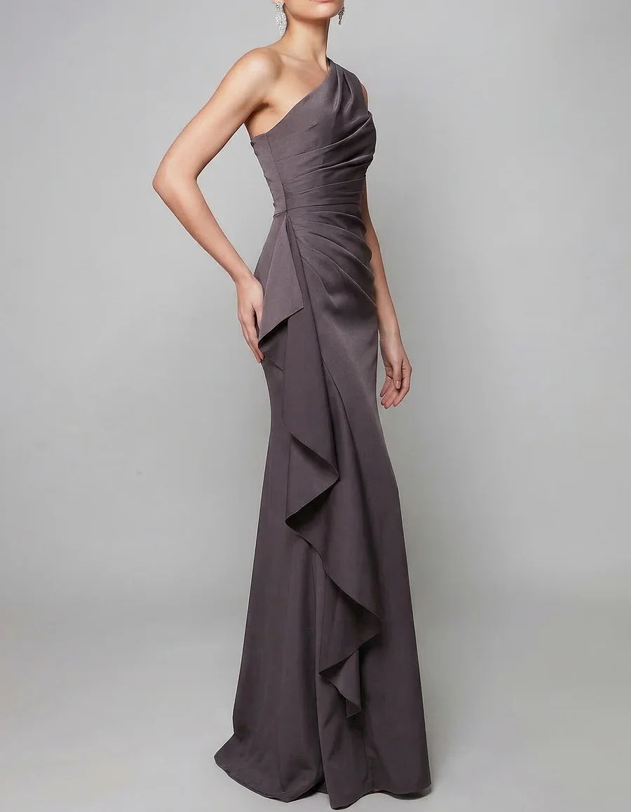 Grayish Purple Satin Ruffled Waist Maxi Dress