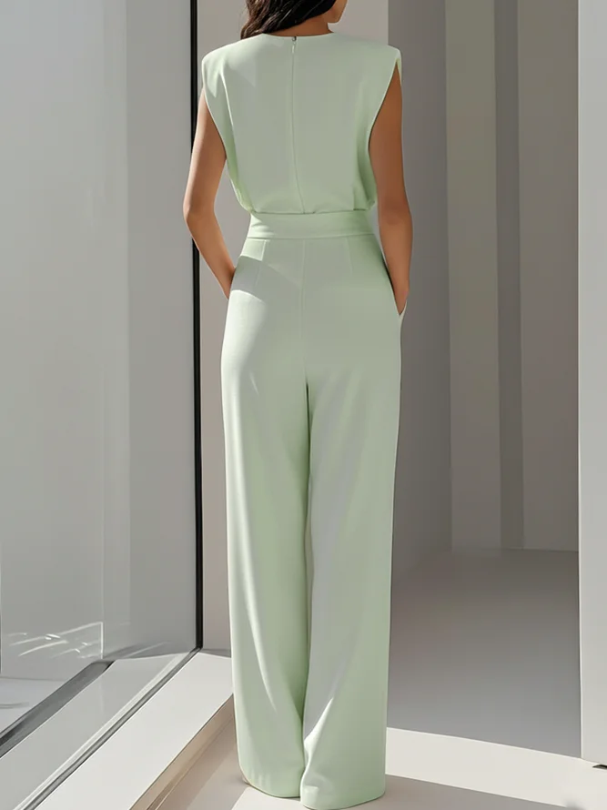 Women Off White Crew Neck Sleeveless Dressy Jumpsuit With Pockets