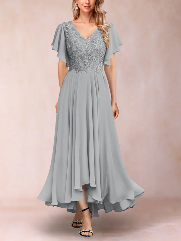 A-line V-neck Short Sleeved Chiffon Maxi Dress