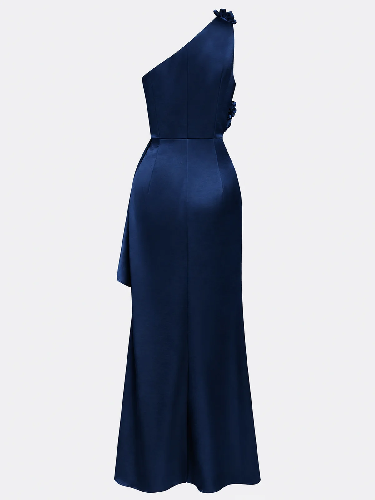 Champagne 3D Floral Ruched Satin One Shoulder Sleeveless Sheath Floor-length Gown Dress
