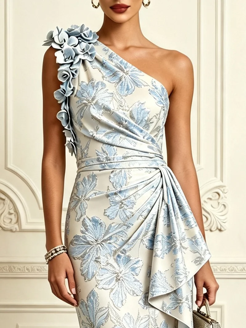 Light Green Jacquard 3D Floral Classic One Shoulder Sleeveless Mermaid Gown Dress